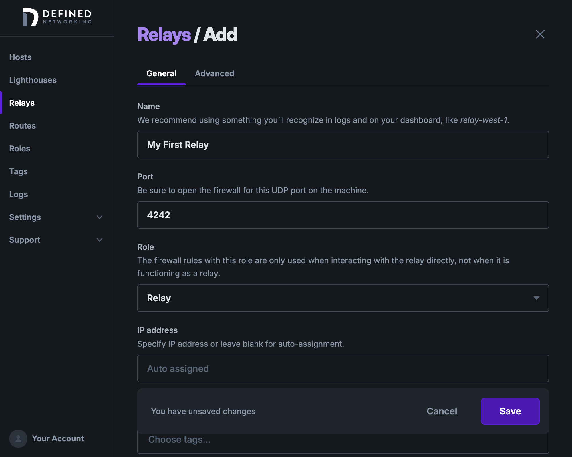 'Add a relay' form that has inputs 'name', 'port', and 'role', with 'role' selected to create a new role called 'Relay'.