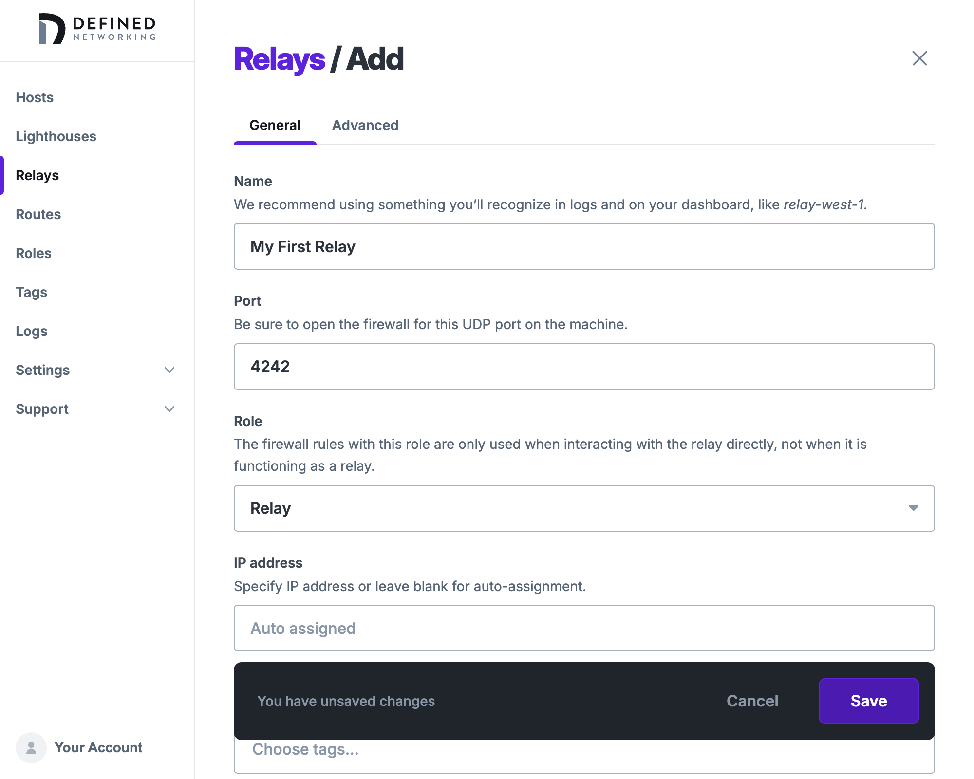 'Add a relay' form that has inputs 'name', 'port', and 'role', with 'role' selected to create a new role called 'Relay'.