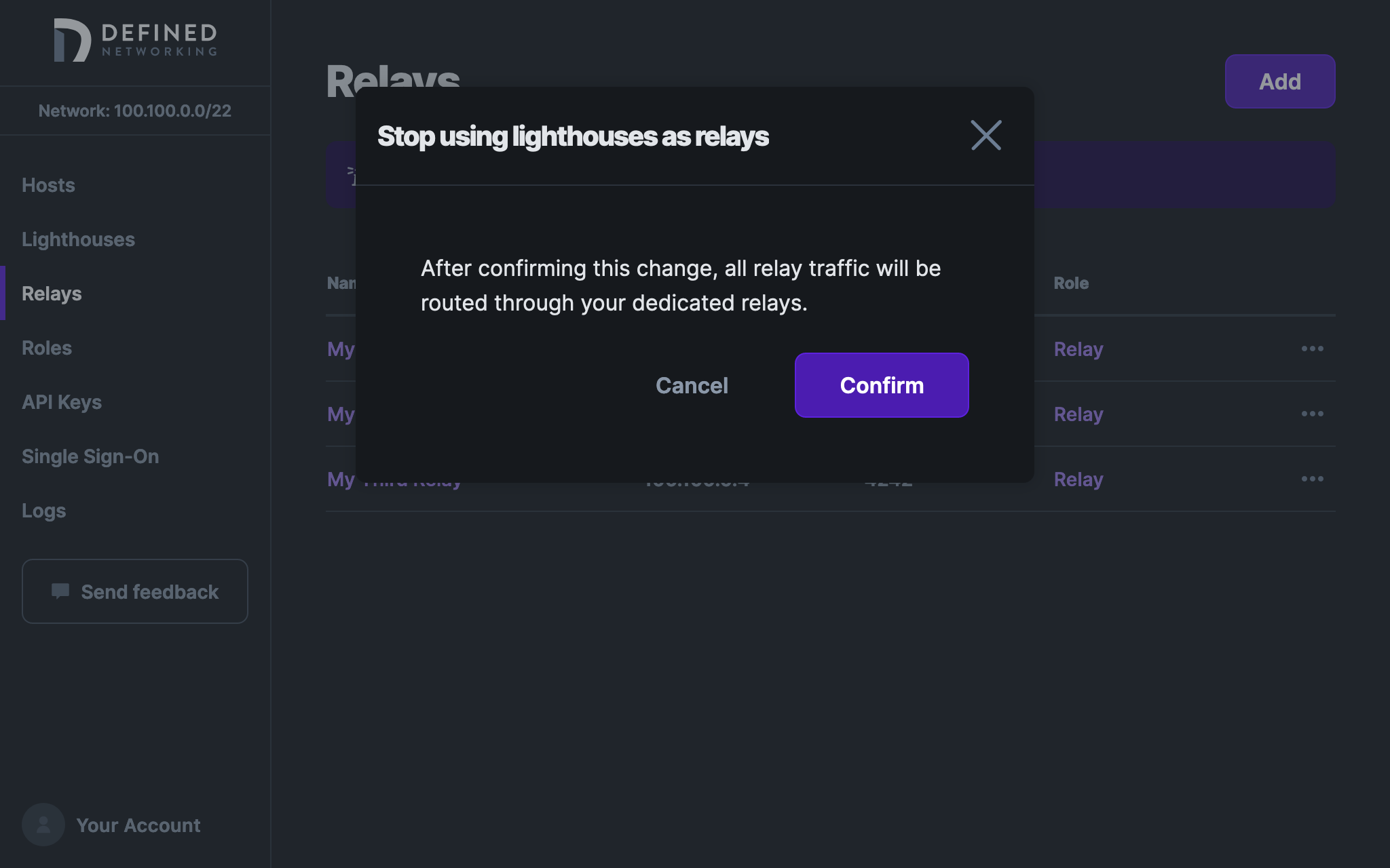 Modal titled 'Stop using lighthouses as relays', with subtext 'After confirming this change, all relay traffic will be routed through your dedicated relays.'