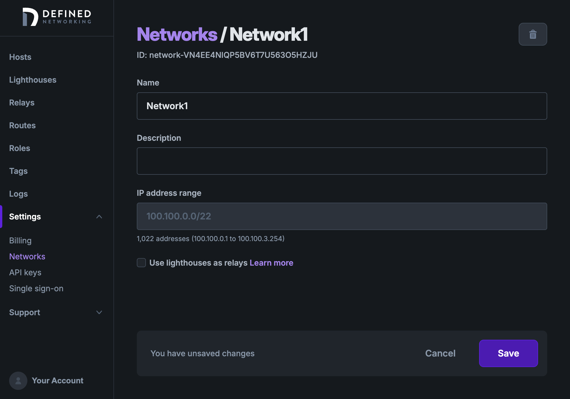 Network edit page, showing that the 'Use lighthouses as relays' checkbox has been unchecked.