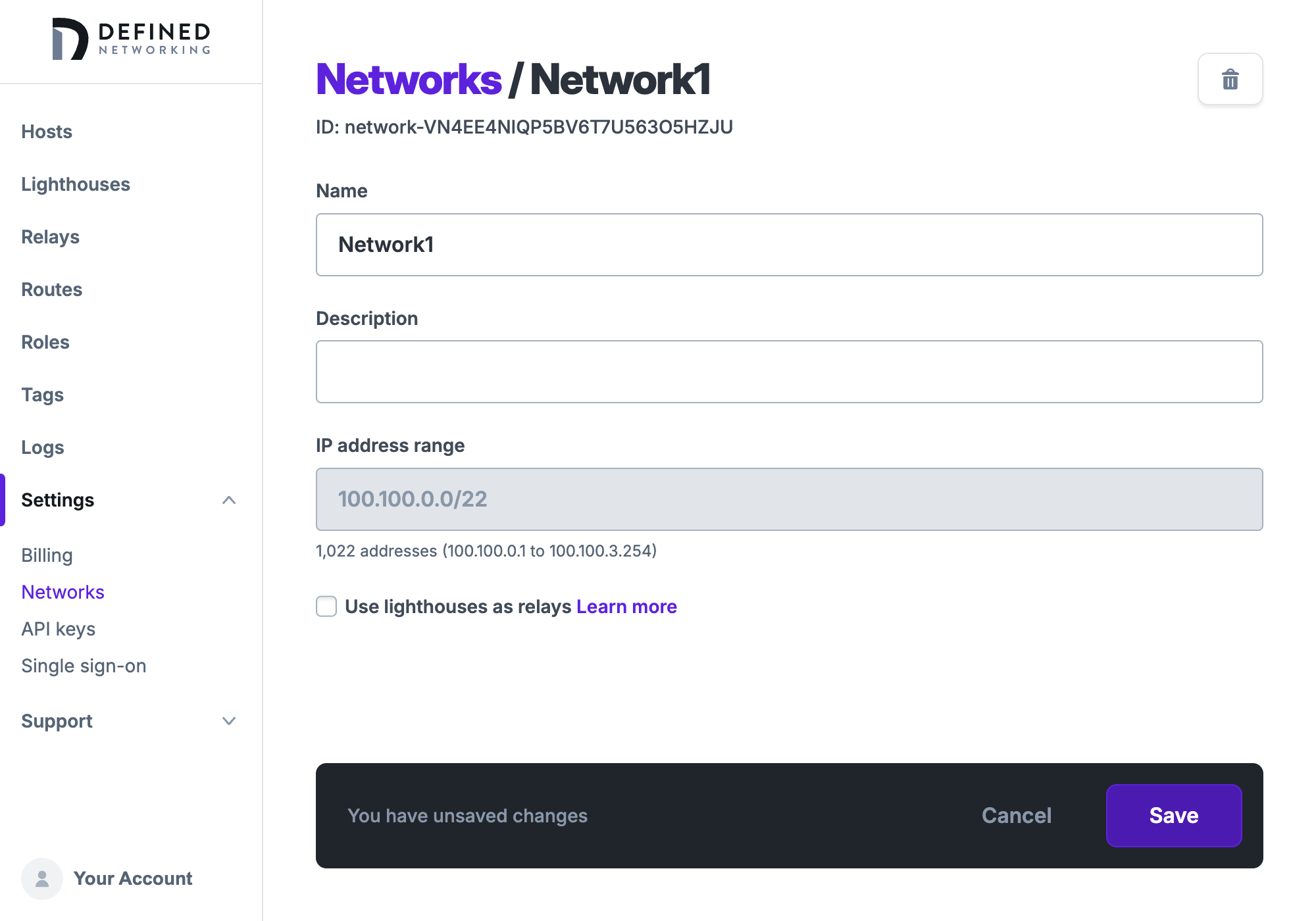 Network edit page, showing that the 'Use lighthouses as relays' checkbox has been unchecked.