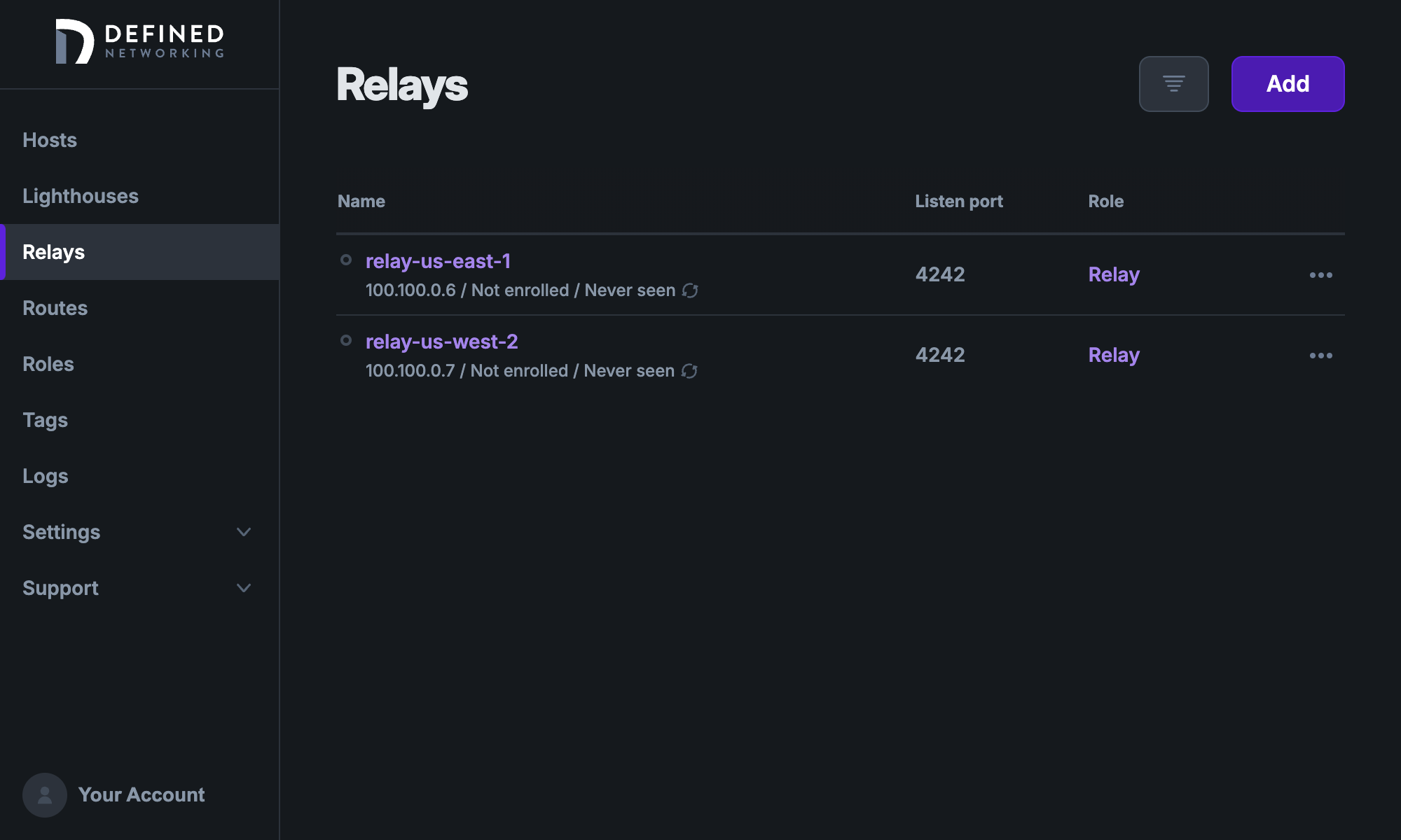 Relays page that shows one relay named `relay-us-east-1` and another named `relay-us-west-2`