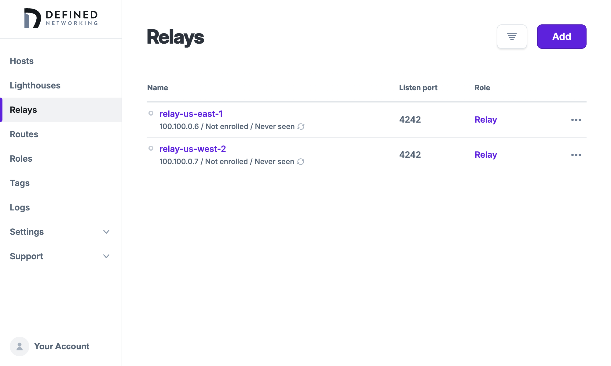 Relays page that shows one relay named `relay-us-east-1` and another named `relay-us-west-2`