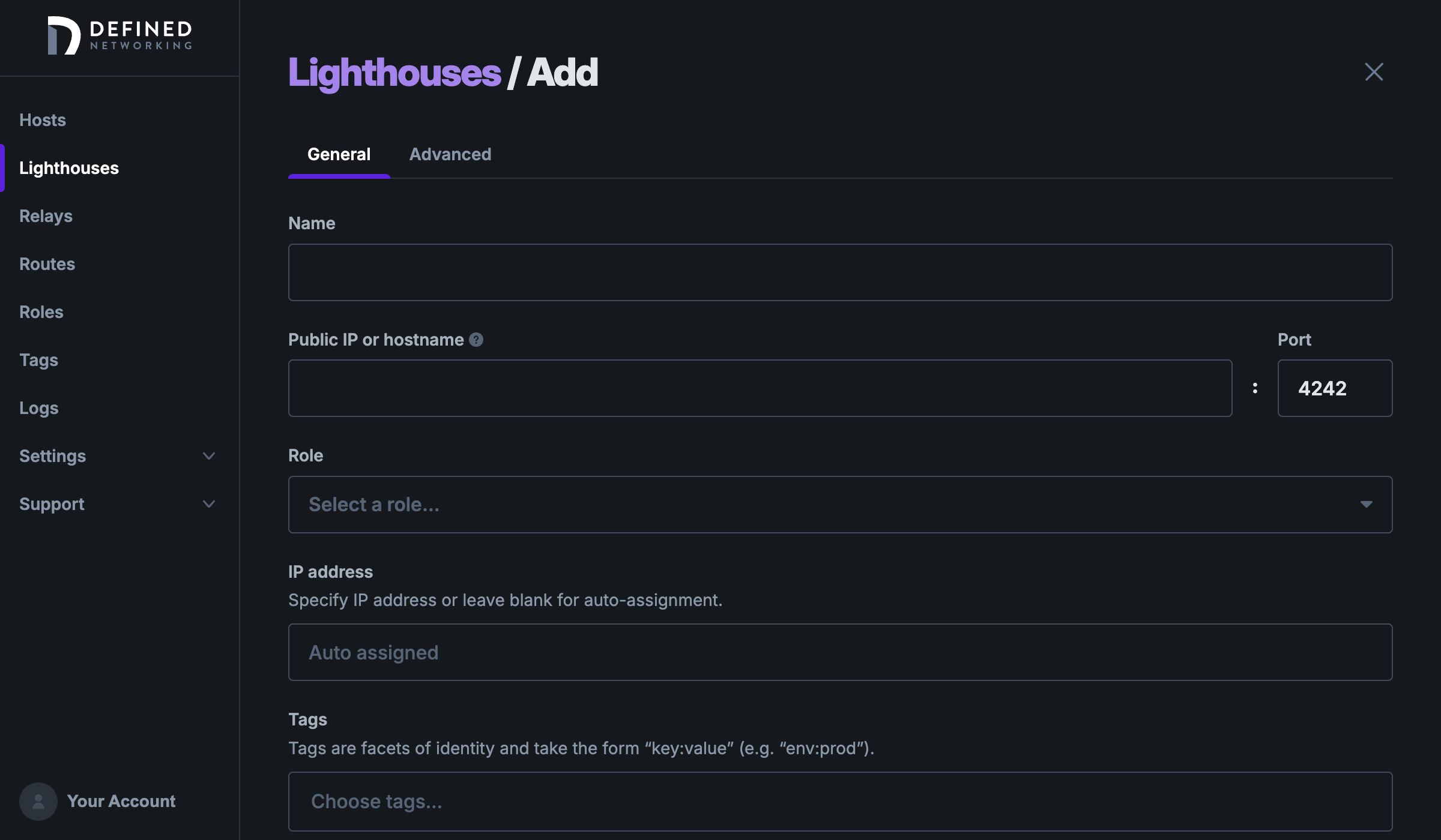 The 'Add a lighthouse' form in the admin panel. Requires a name, public IP, port and role selected from a dropdown list.