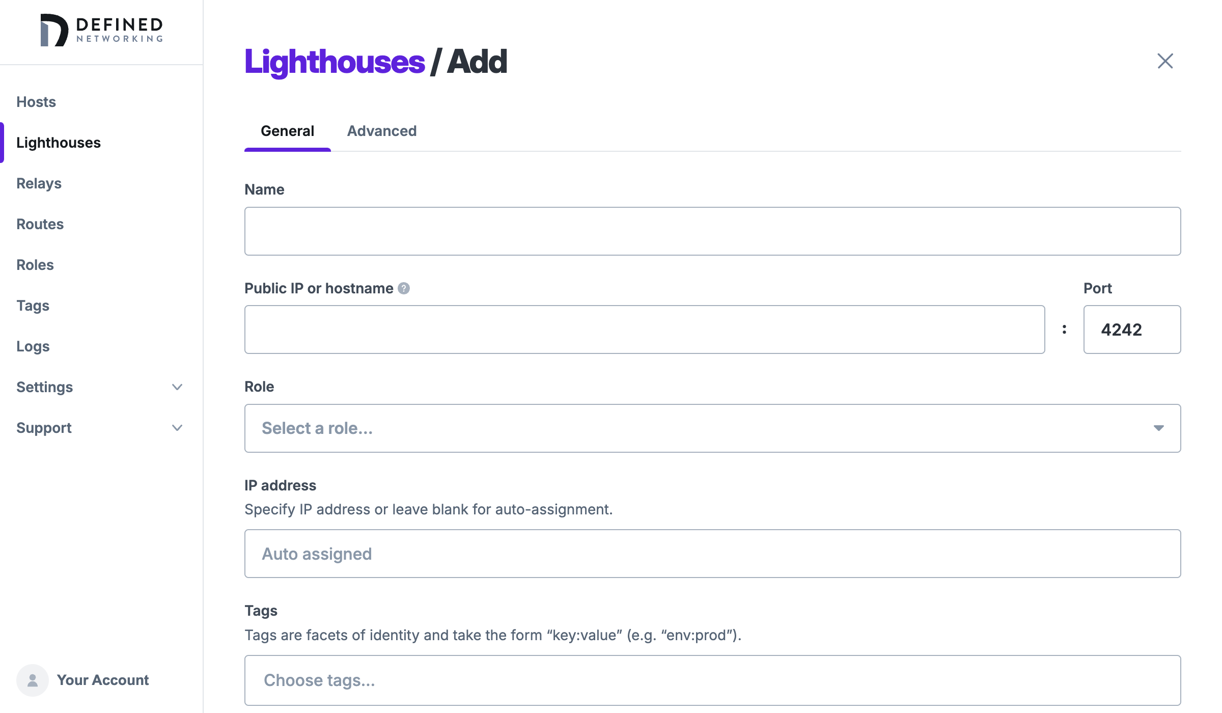 The 'Add a lighthouse' form in the admin panel. Requires a name, public IP, port and role selected from a dropdown list.