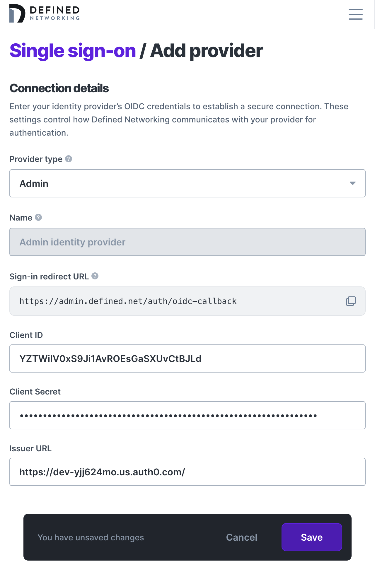Form for creating a new SSO integration that requires a Client ID, a Client Secret, and an Issuer URL