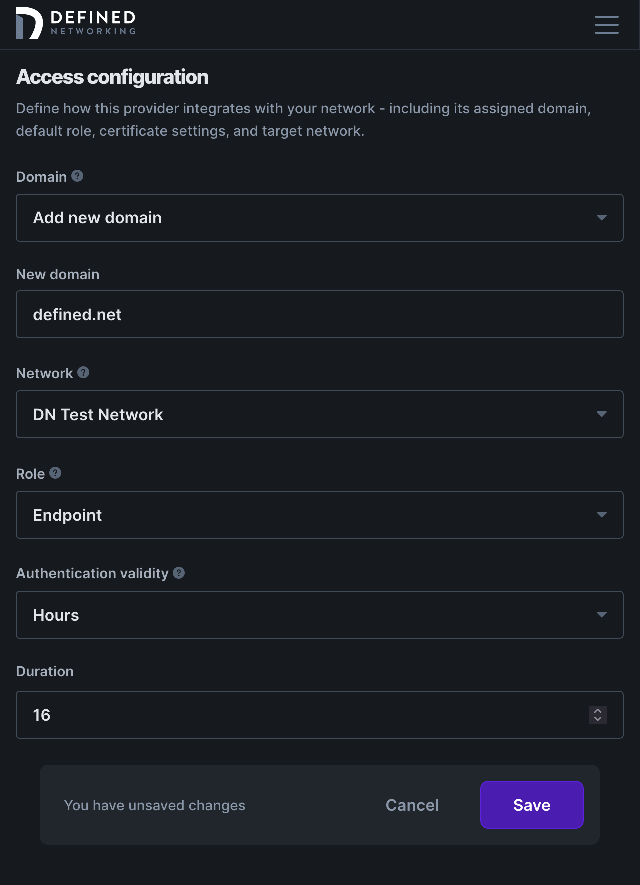 Form for creating a new SSO integration scrolled down to access config that allows selecting a domain, a network, a role, and an auth validity window
