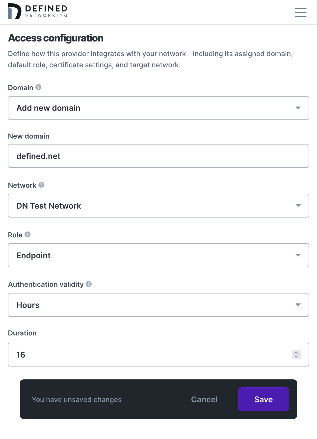 Form for creating a new SSO integration scrolled down to access config that allows selecting a domain, a network, a role, and an auth validity window