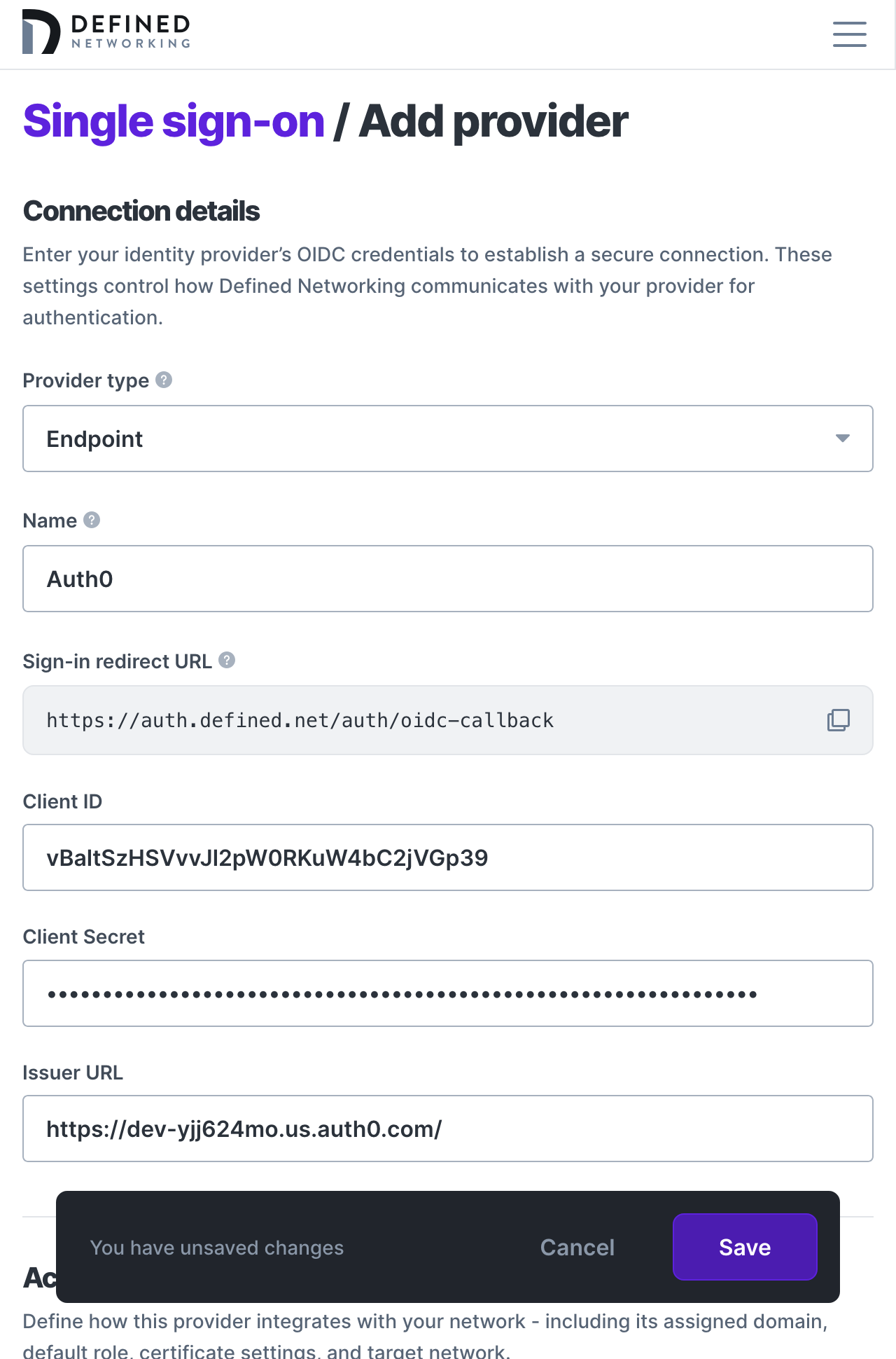 Form for creating a new SSO integration that requires a Client ID, a Client Secret, and an Issuer URL, there's more info needed further down the page