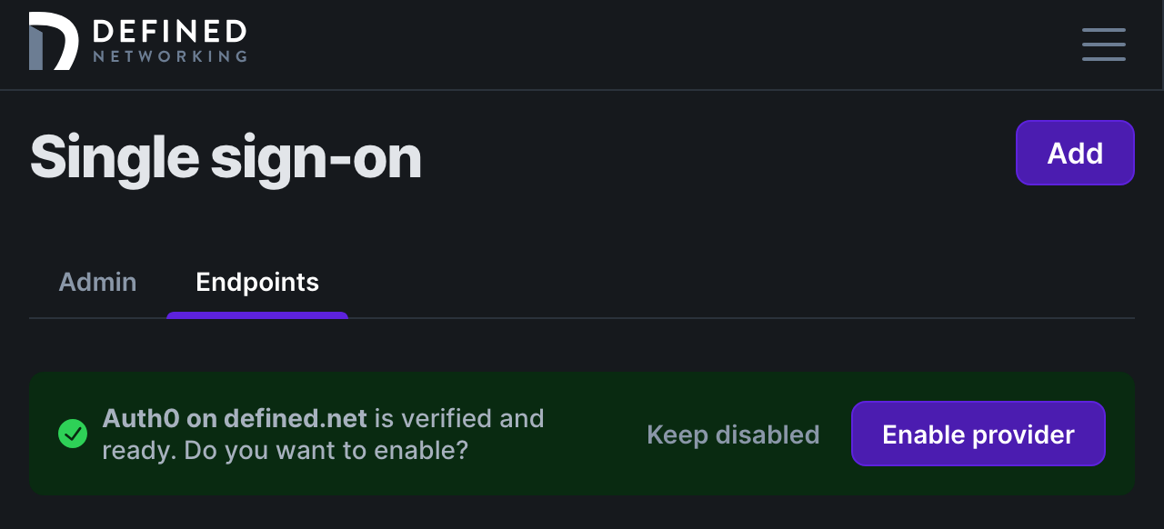 Page that shows a verified domain and a disabled endpoint SSO config