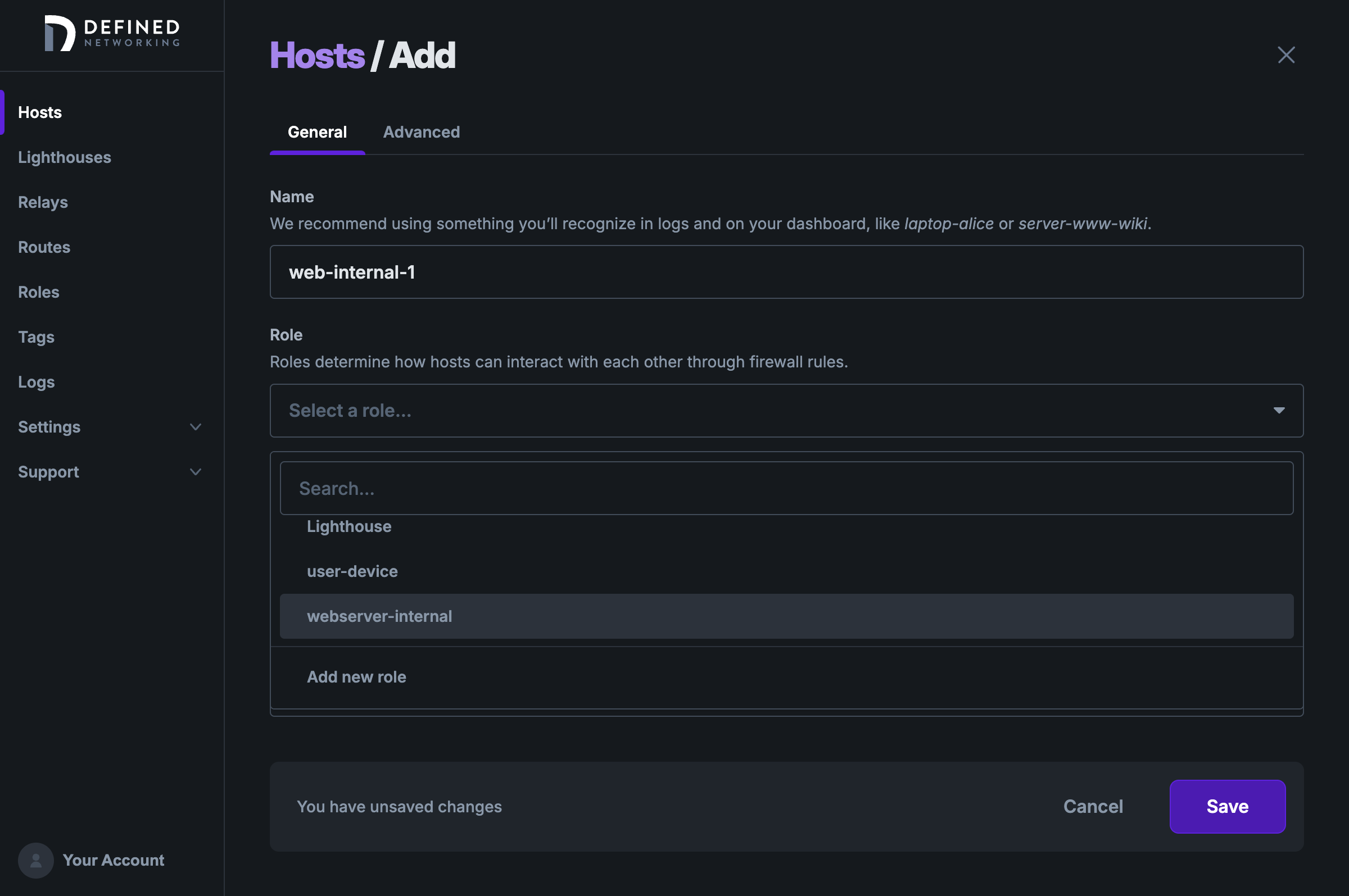 Add a host form with an open 'select a role' dropdown hovering over `webserver-internal`