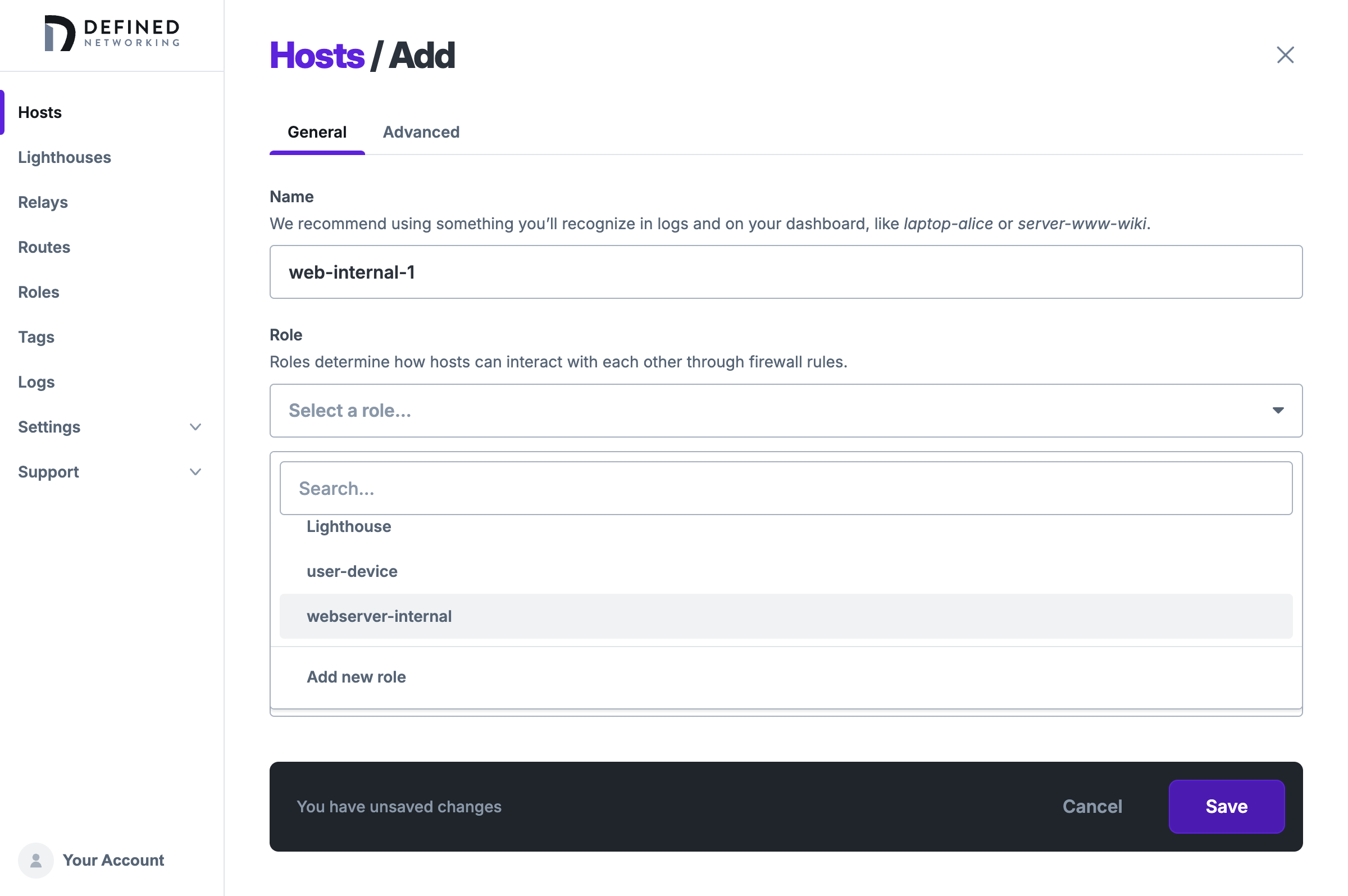 Add a host form with an open 'select a role' dropdown hovering over `webserver-internal`