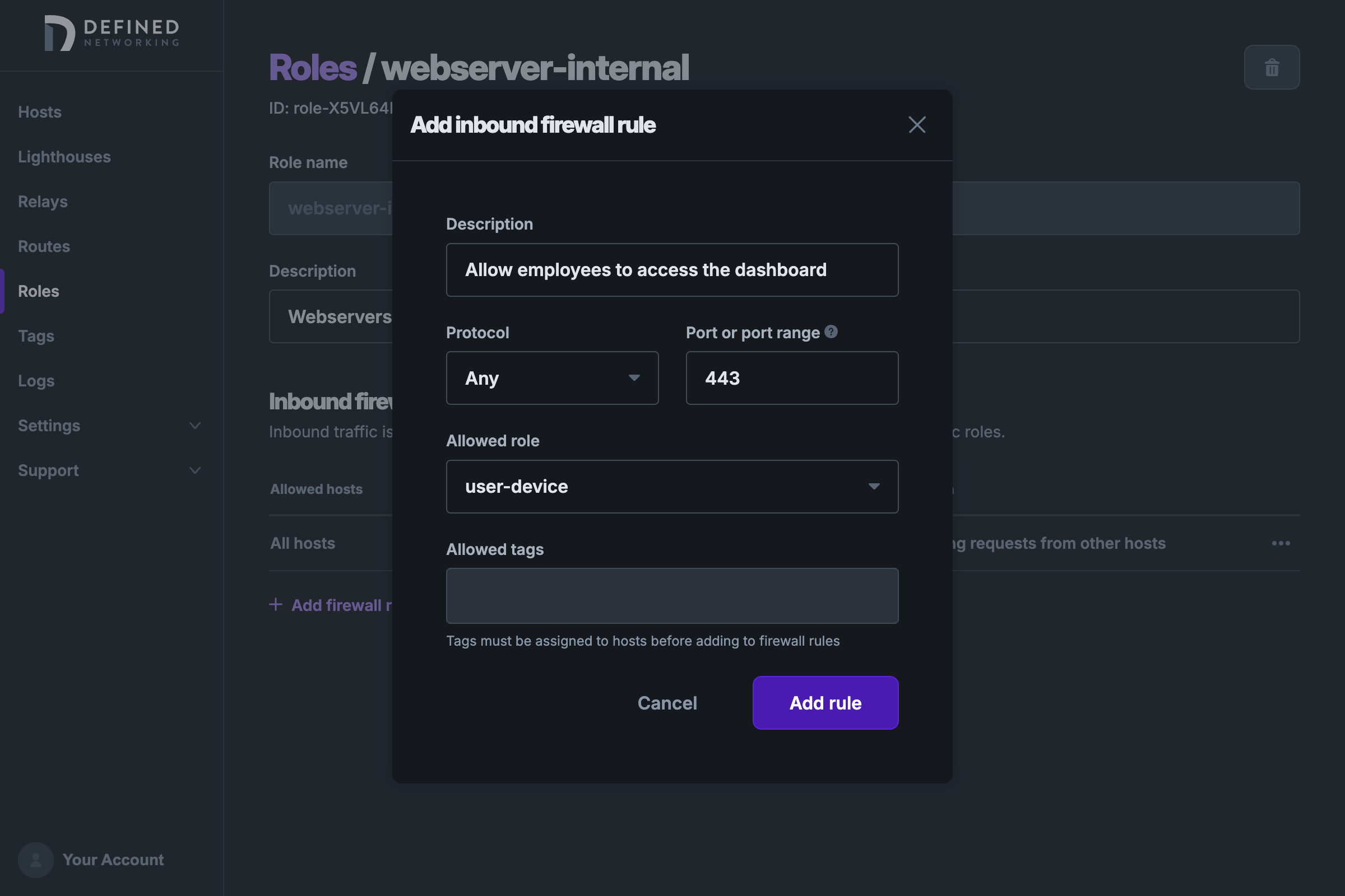 Inbound firewall rule form with a protocol choice, a port range, an allowed role, and an optional description.