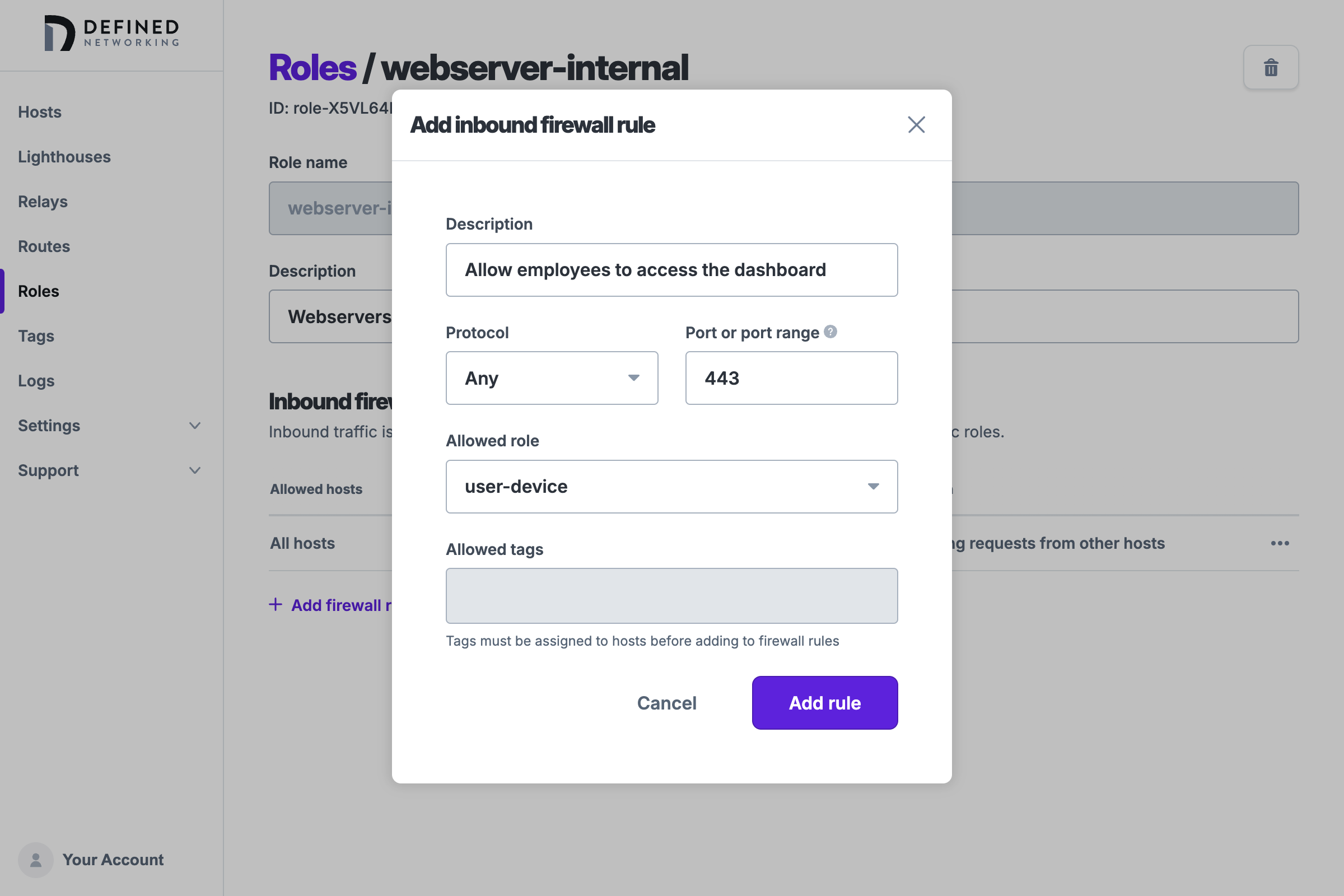 Inbound firewall rule form with a protocol choice, a port range, an allowed role, and an optional description.