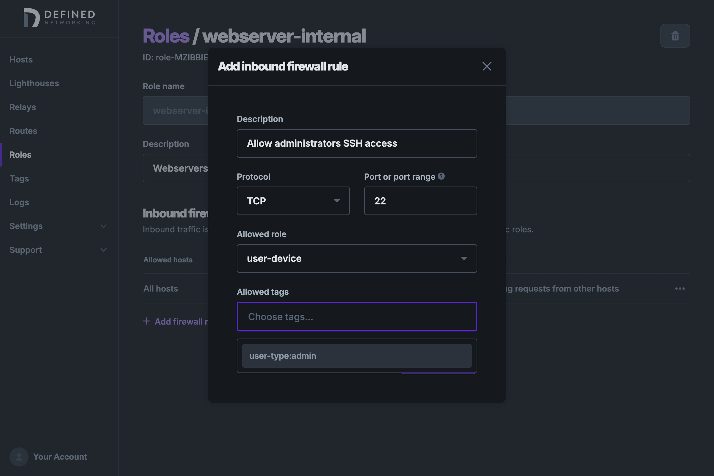 Form to add another firewall rule to the webserver-internal role, showing the 'user-type:admin' tag is chosen.