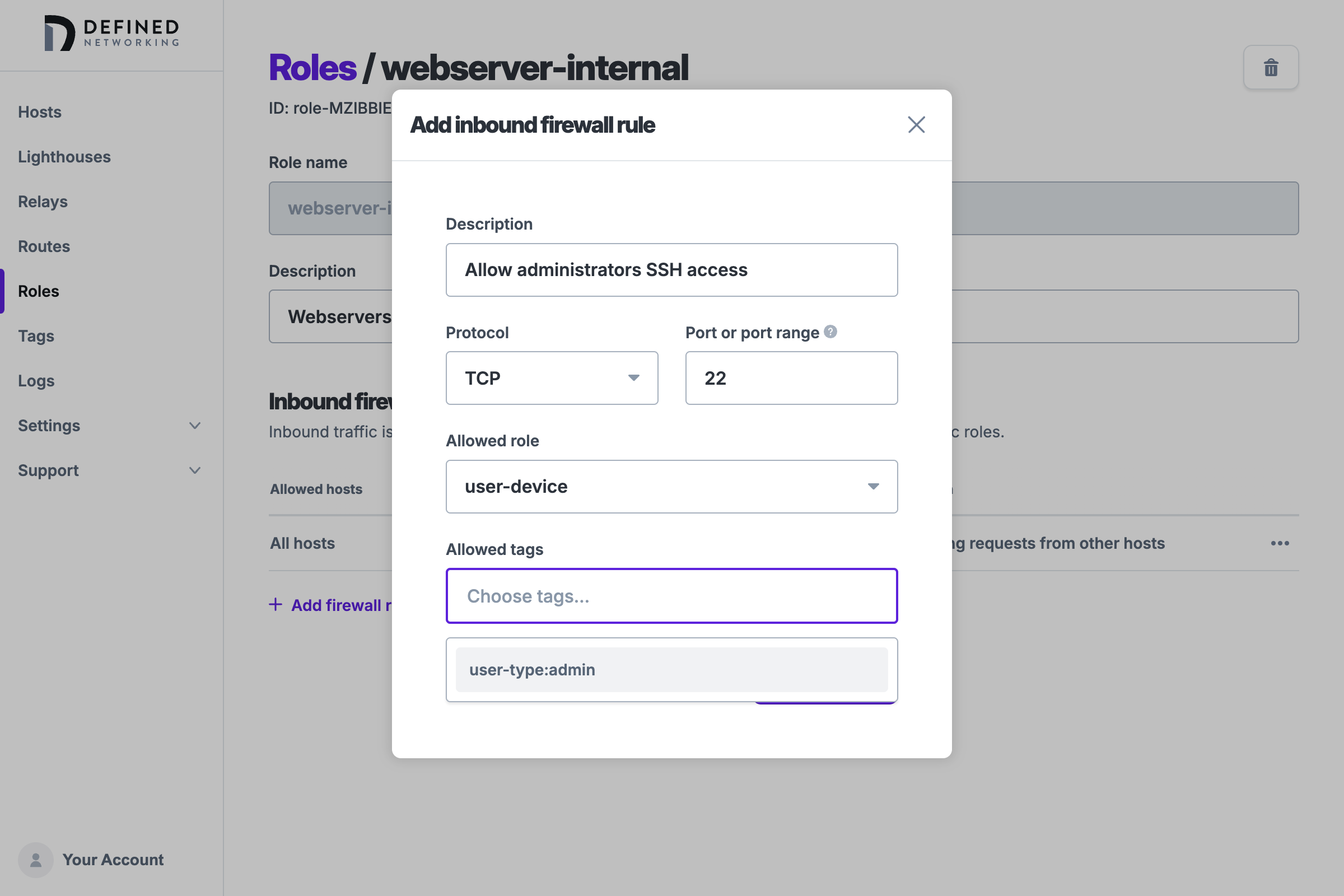 Form to add another firewall rule to the webserver-internal role, showing the 'user-type:admin' tag is chosen.