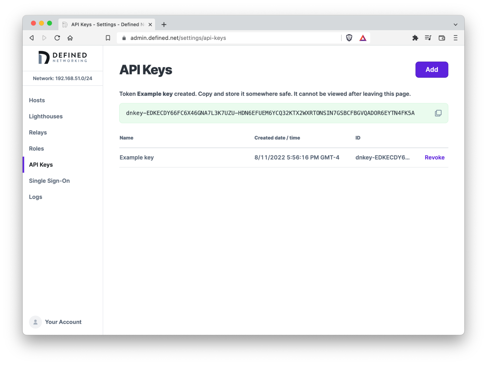 The DN admin panel opened to the API Keys page with a new API key shown