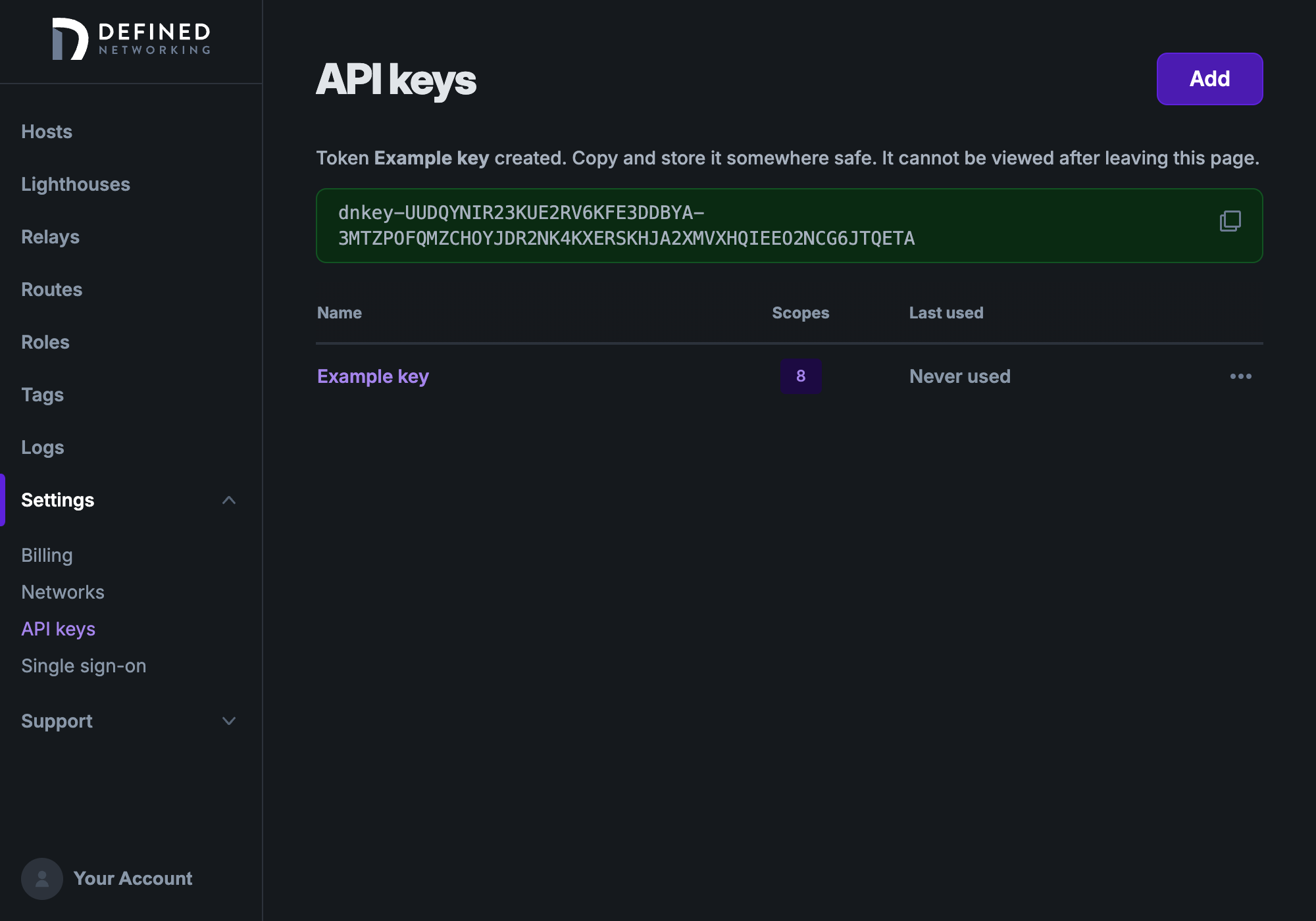 The admin panel opened to the API Keys page with a new API key shown