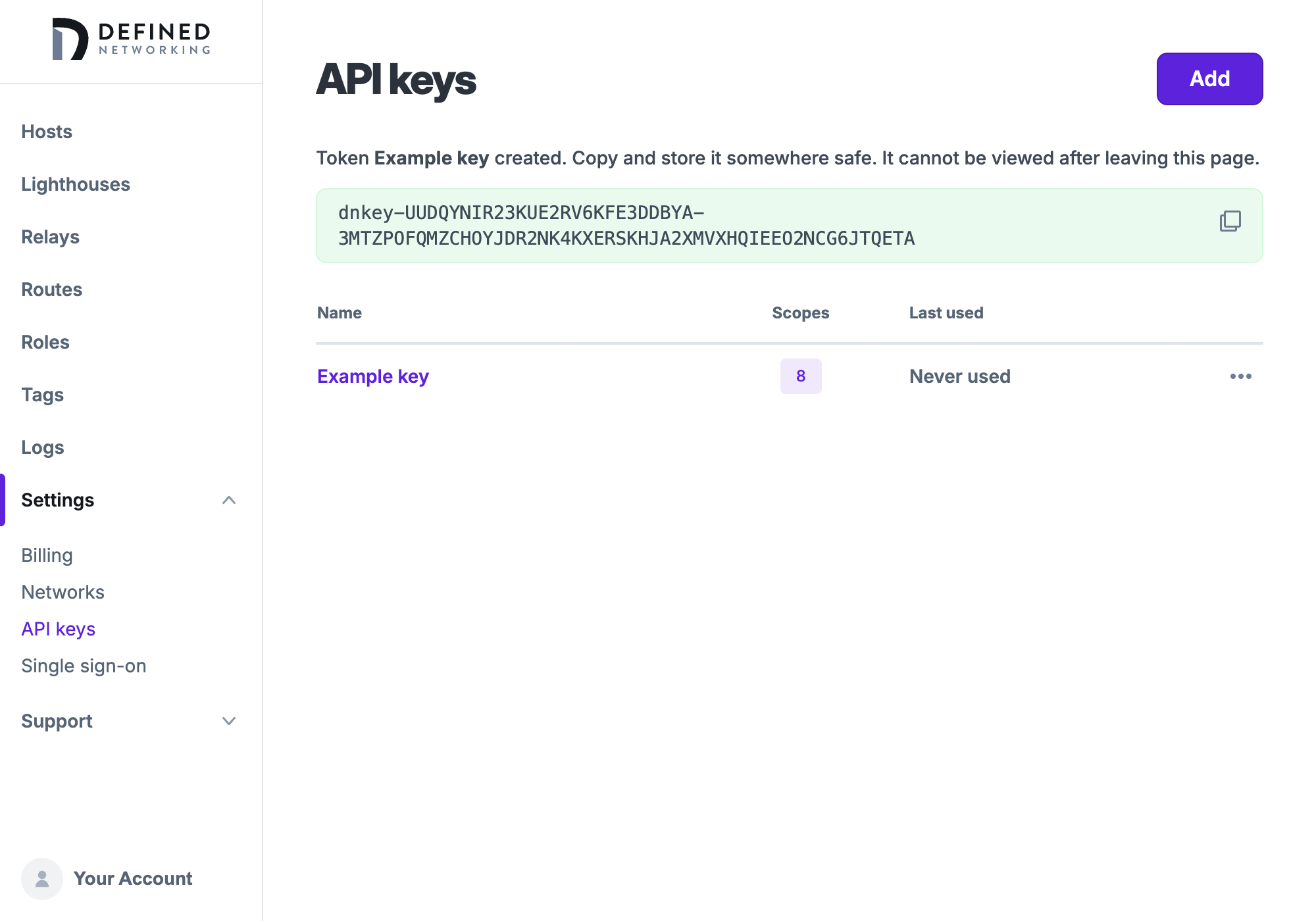 The admin panel opened to the API Keys page with a new API key shown