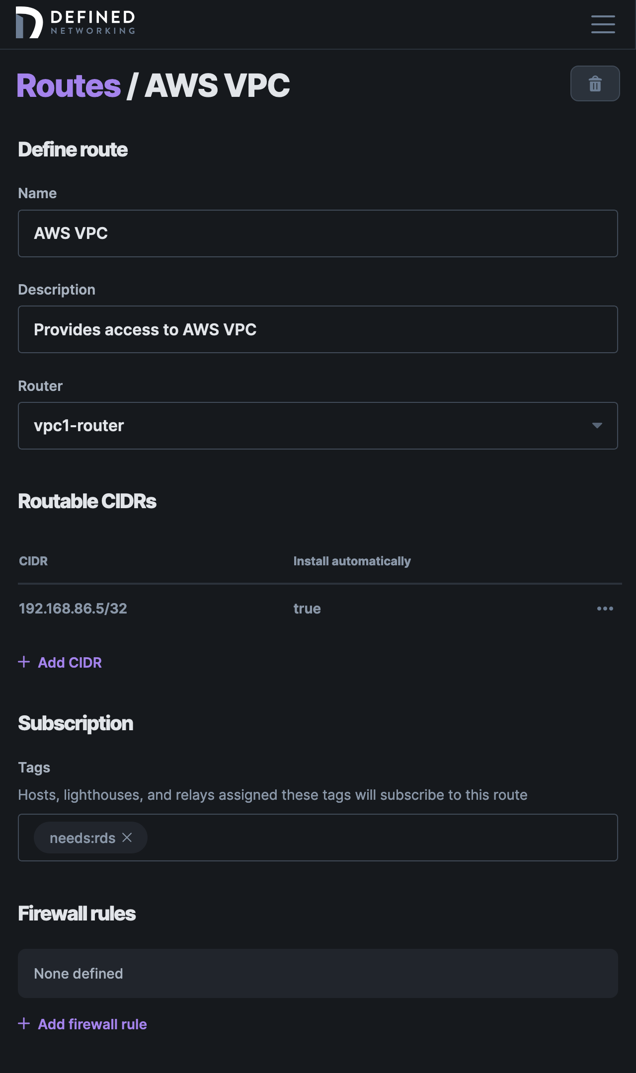 Screenshot of the configured route page, with a name, description, “vpc-router1” selected as the router, a single routable CIDR, and “needs:rds” defined as the only subscribed tag.