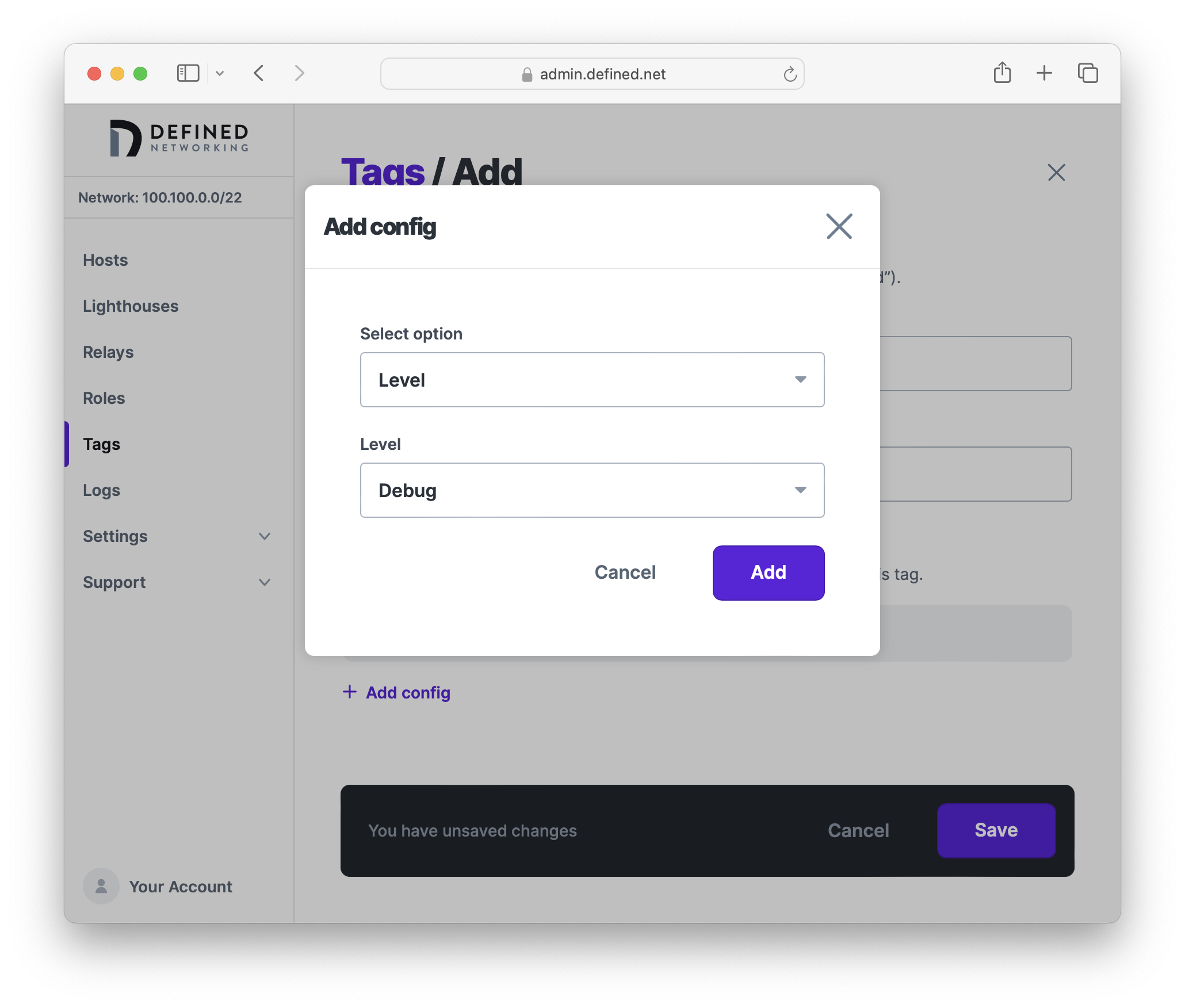 Add host config to tag modal, requiring an option and a value