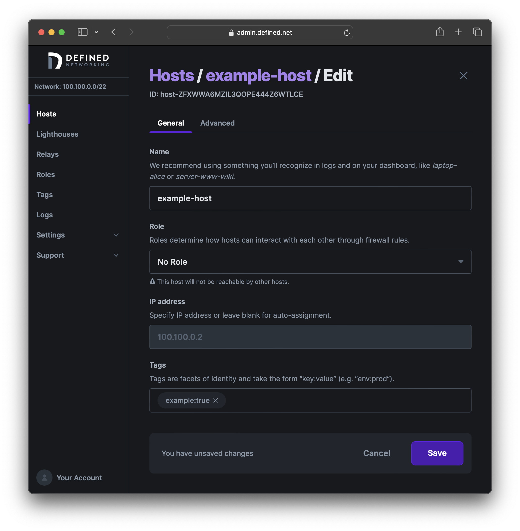 Edit host form, showing the newly created tag in the tags field