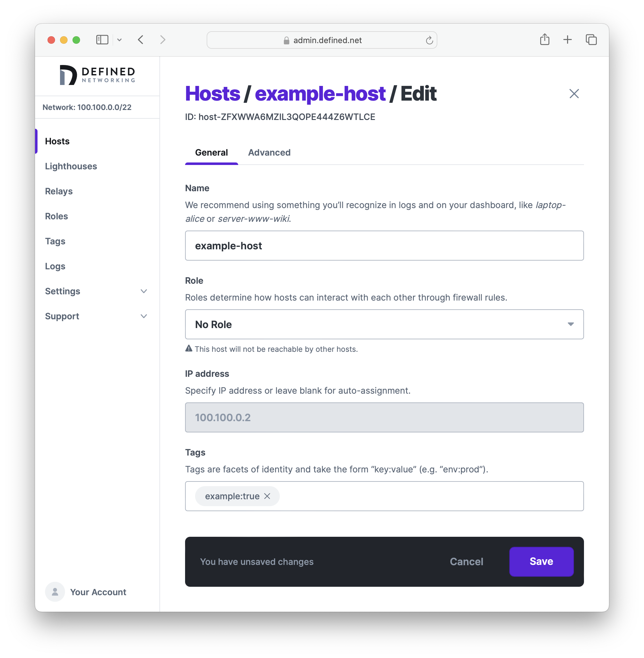 Edit host form, showing the newly created tag in the tags field