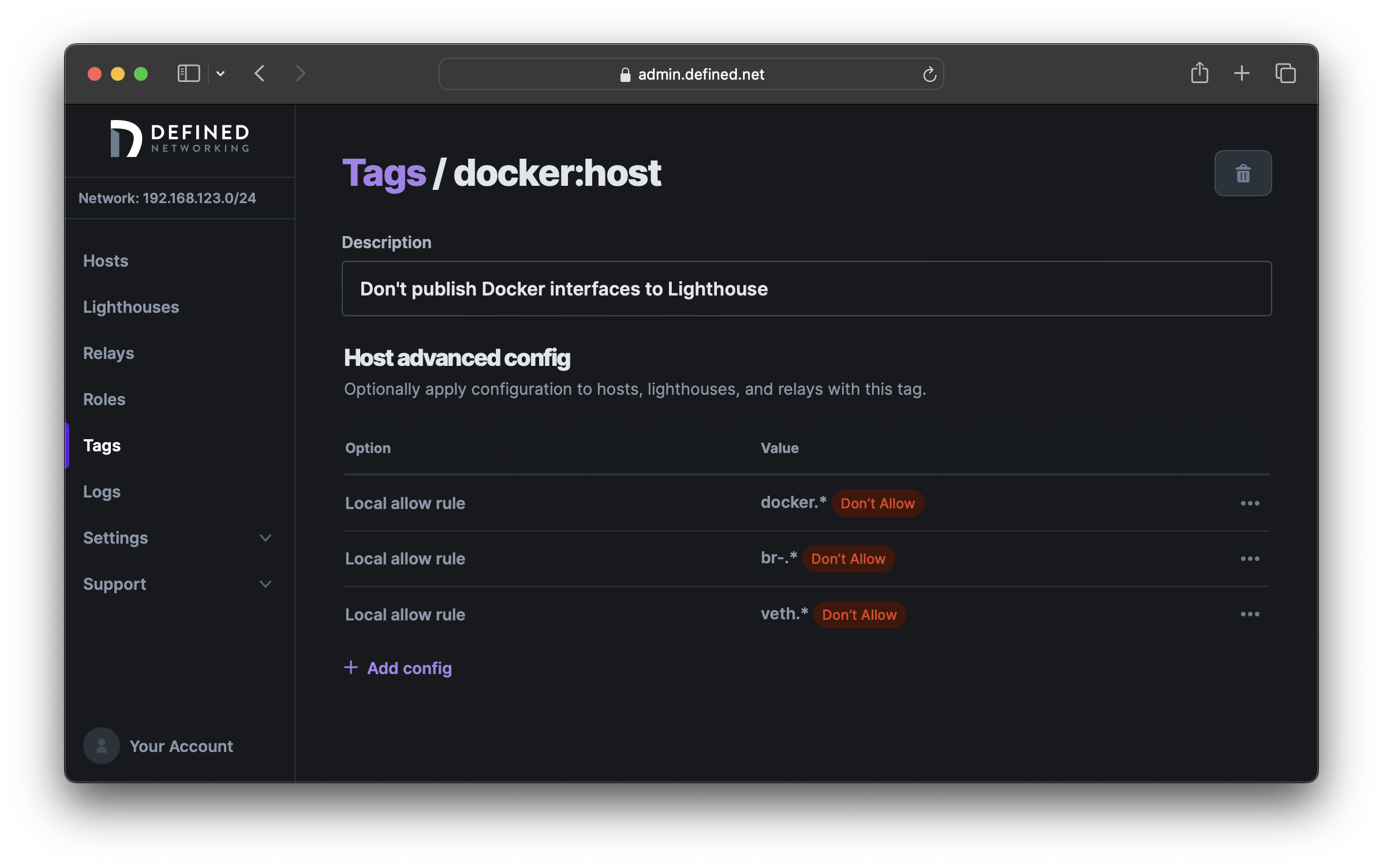 Edit tag form showing Docker network exclusion configuration
