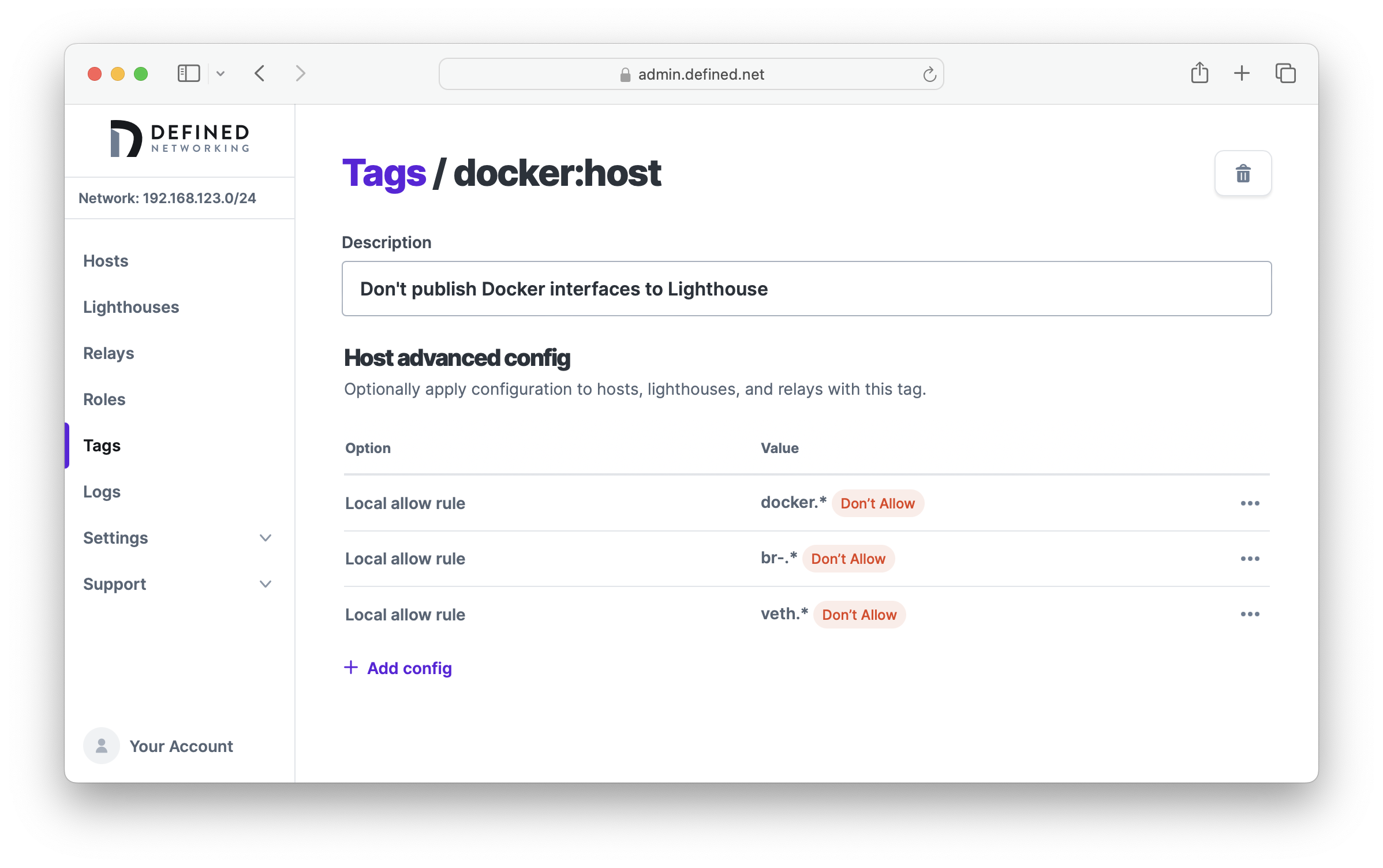 Edit tag form showing Docker network exclusion configuration