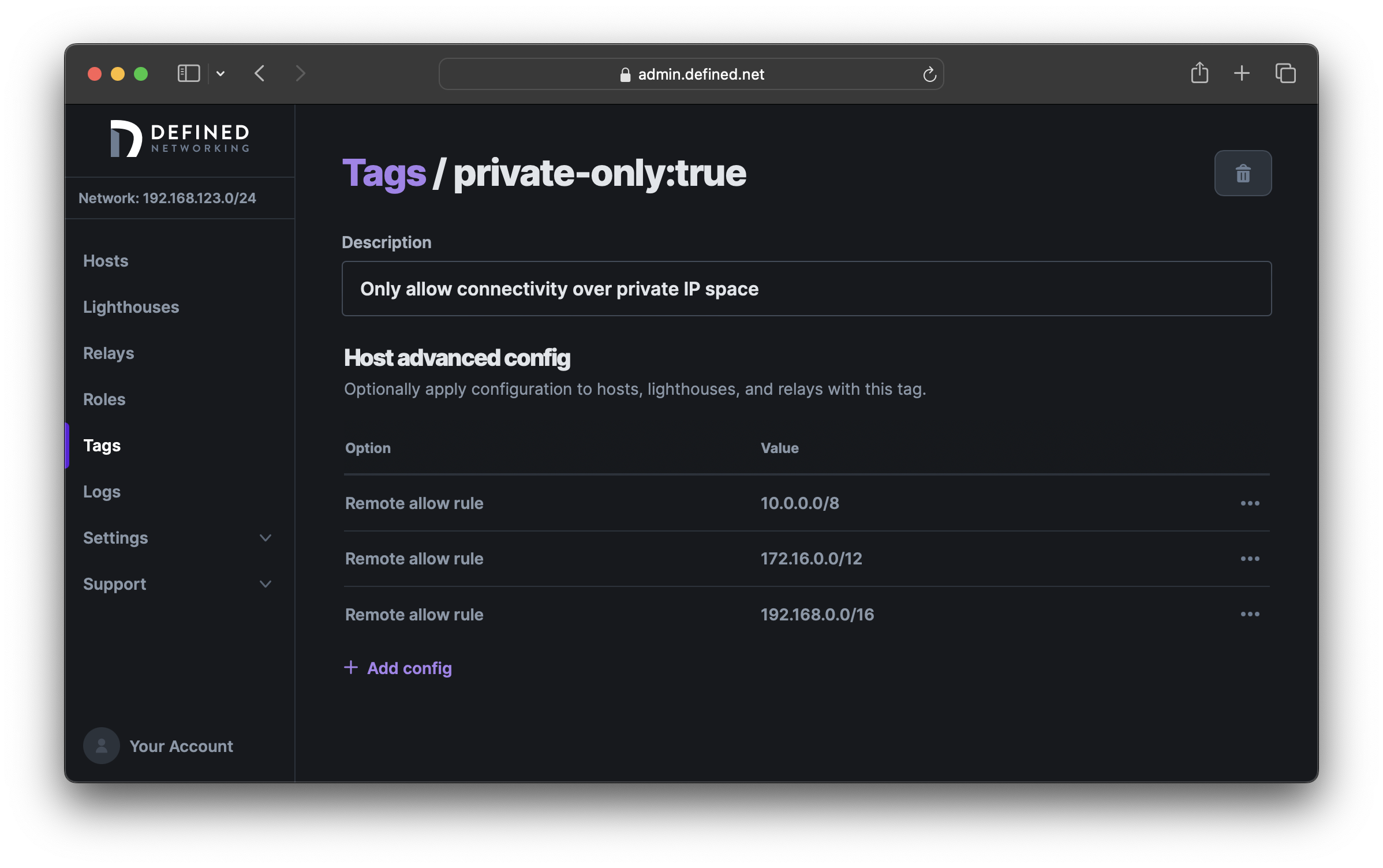 Edit tag form showing private networking configuration