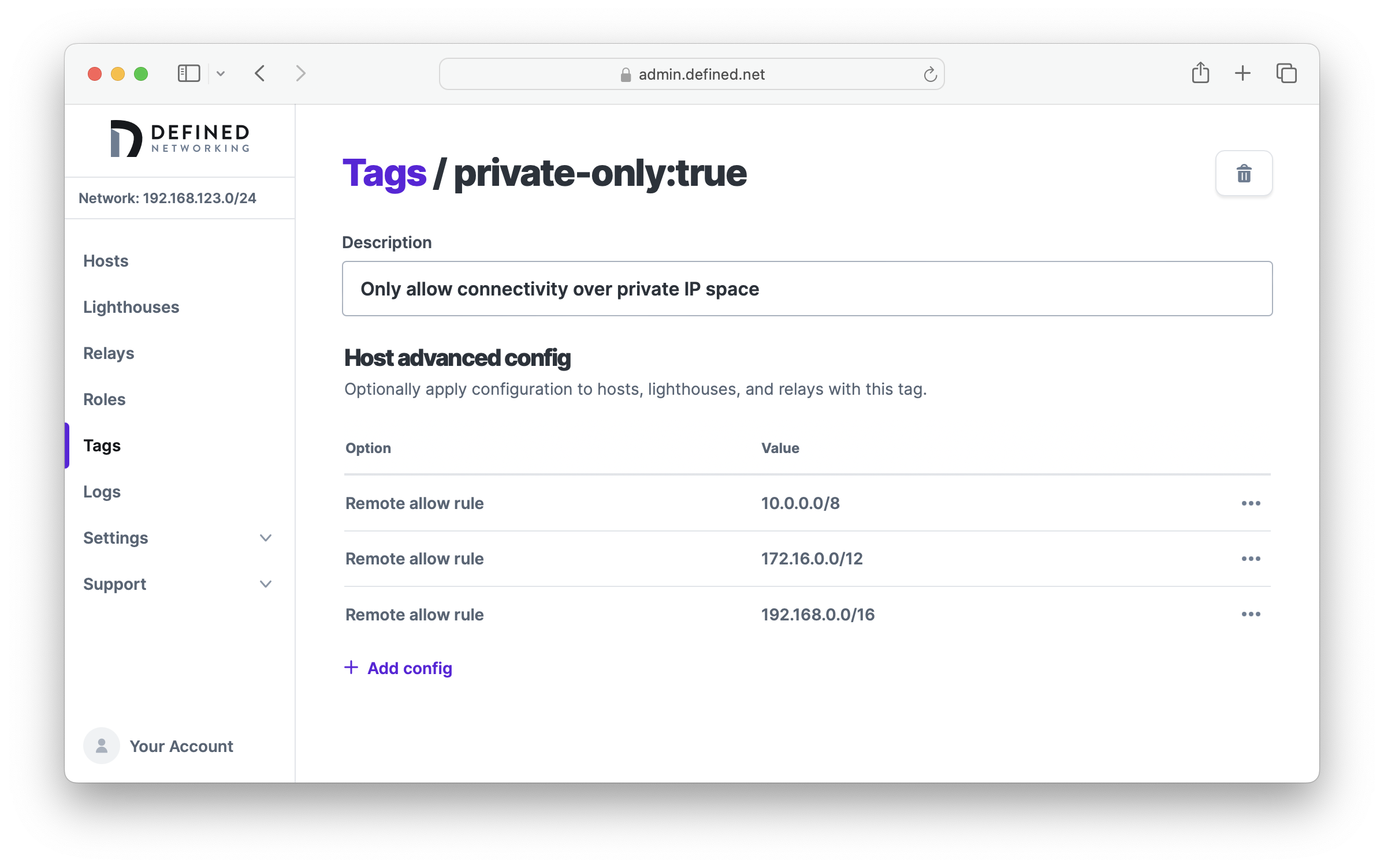 Edit tag form showing private networking configuration