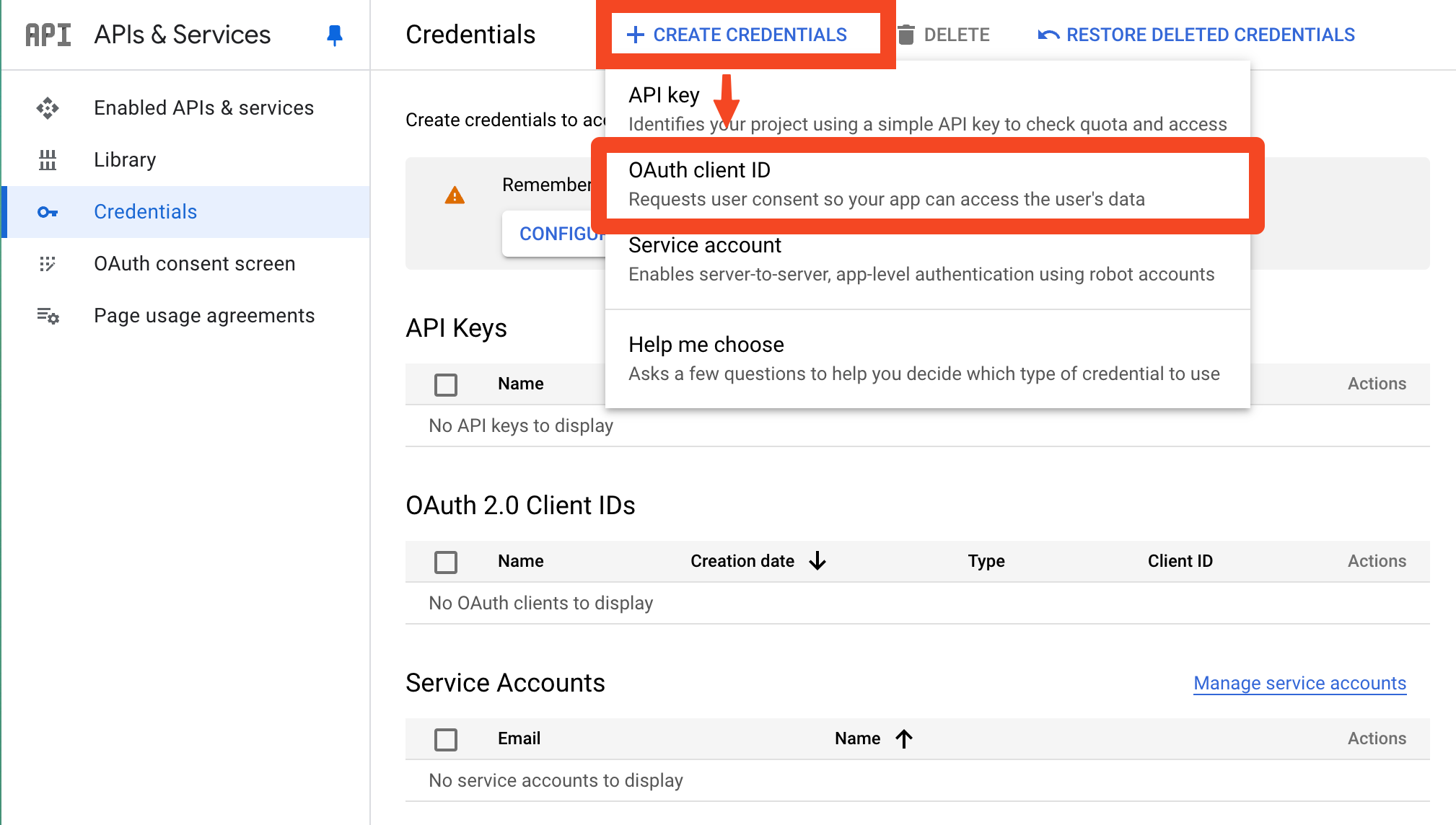 Screenshot of Google API console, showing the addition of an OAuth client ID