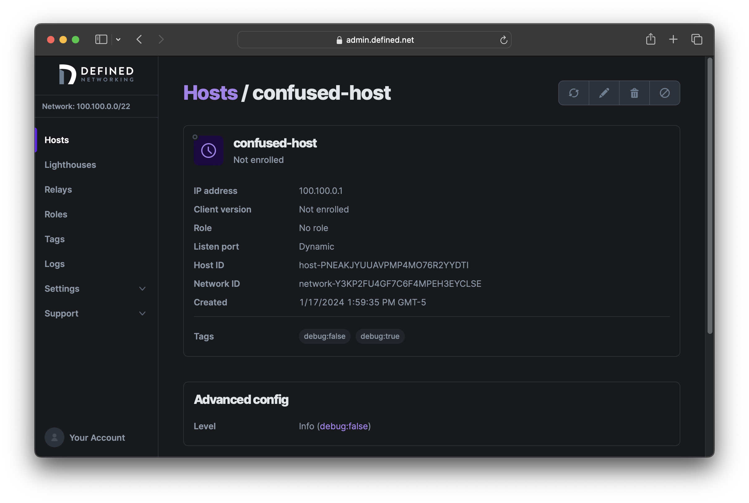 Host detail page showing the config value set by the debug:false tag