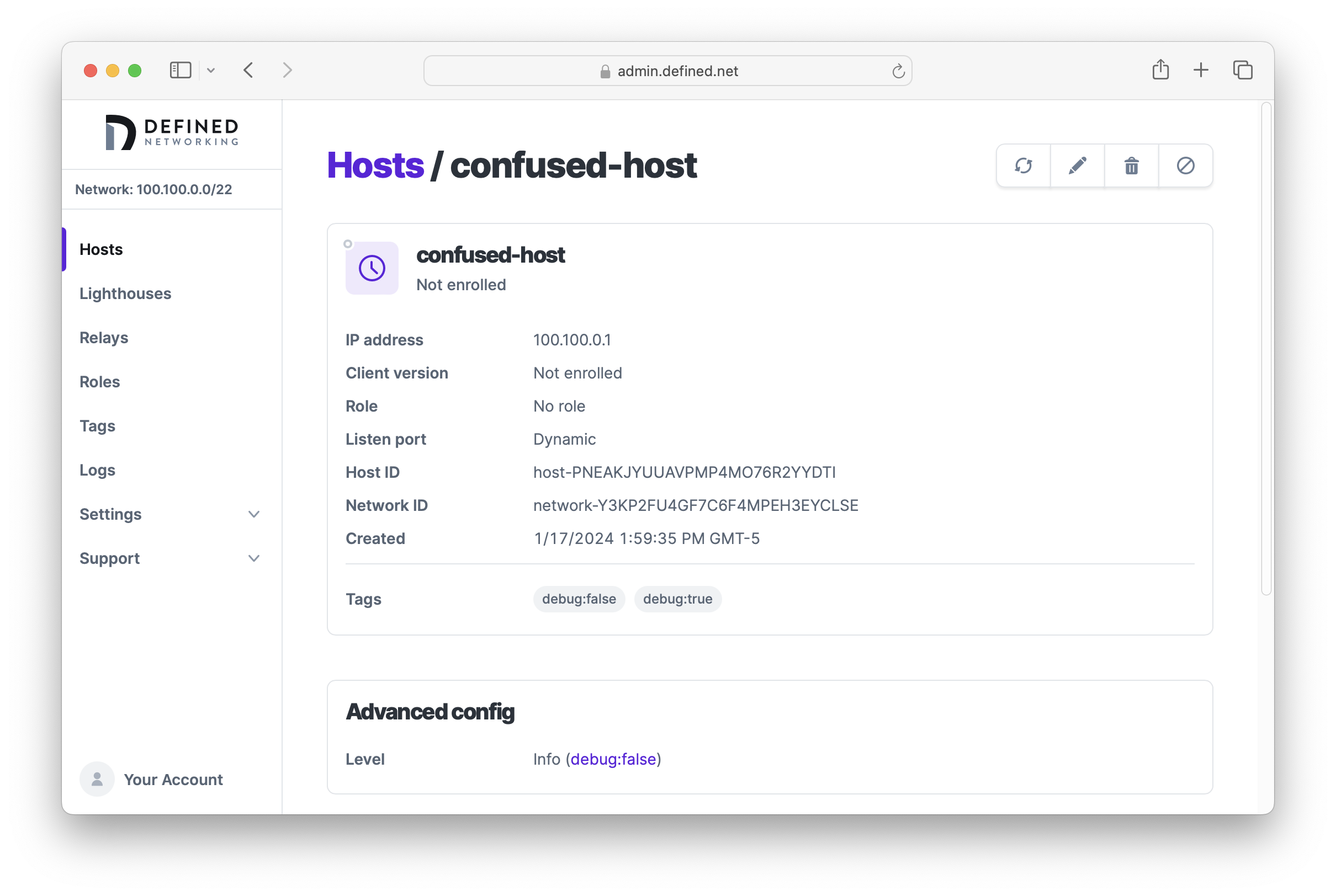 Host detail page showing the config value set by the debug:false tag