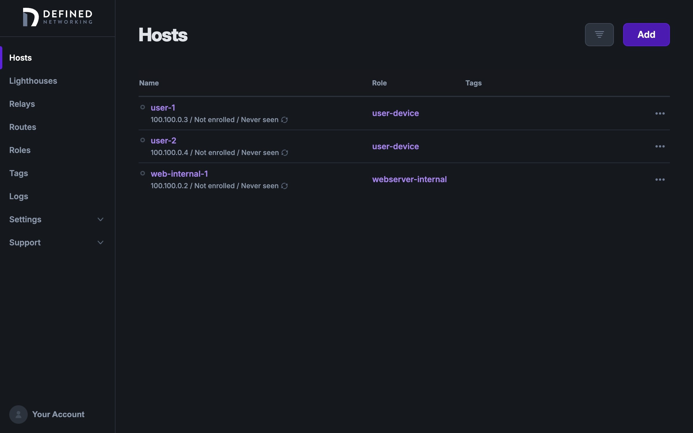 Host list with three hosts: one webserver and two user devices