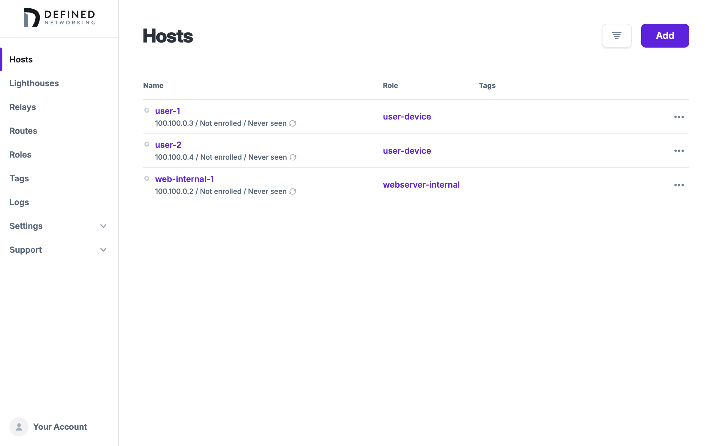 Host list with three hosts: one webserver and two user devices