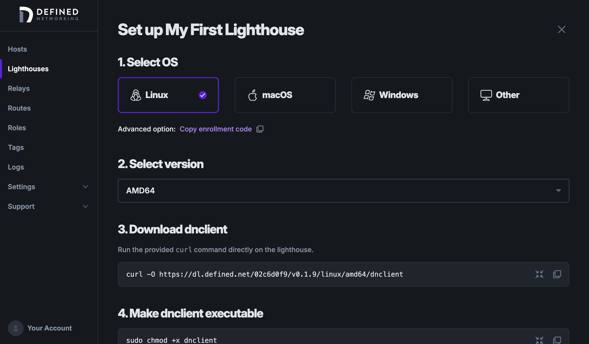 Enroll page for a new lighthouse named 'My First Lighthouse'. It shows options for choosing an operating system and version, and then instructions for how to install and run dnclient.