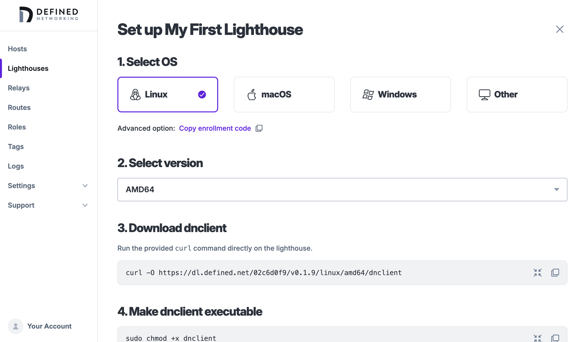 Enroll page for a new lighthouse named 'My First Lighthouse'. It shows options for choosing an operating system and version, and then instructions for how to install and run dnclient.