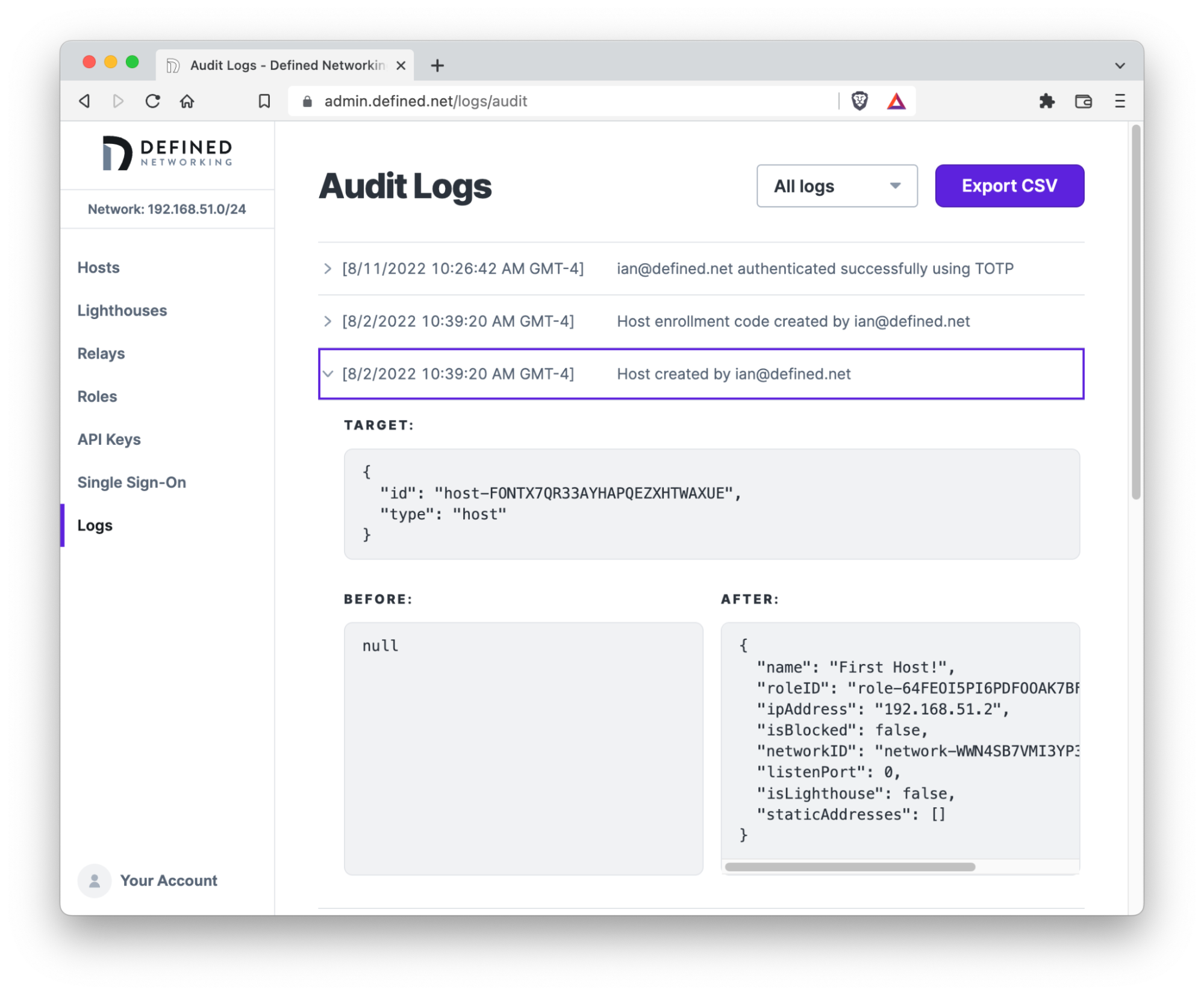 Audit Logs page showing a &quot;Host created&quot; record