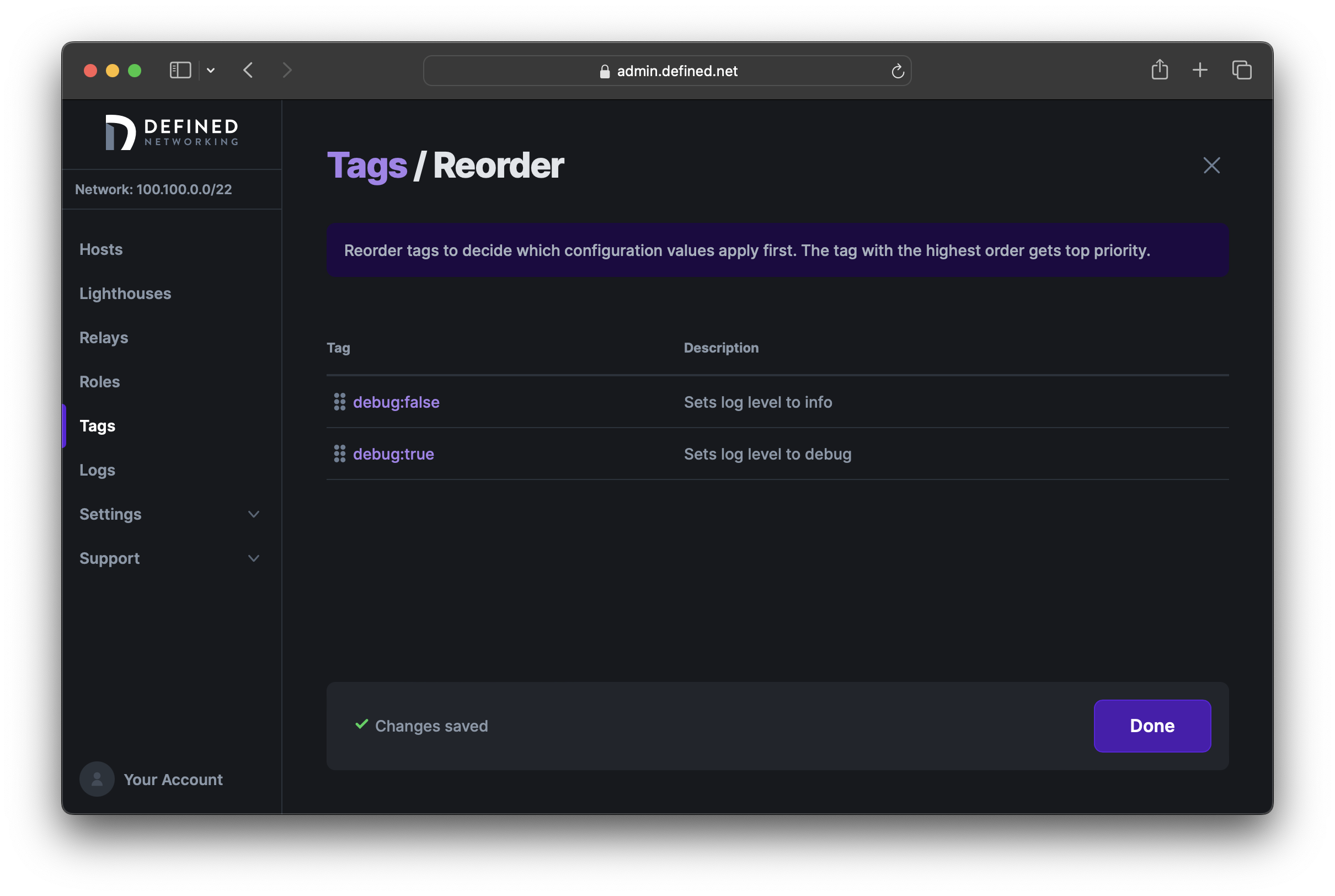 Tag reorder page showing debug:false reordered to be above debug:true