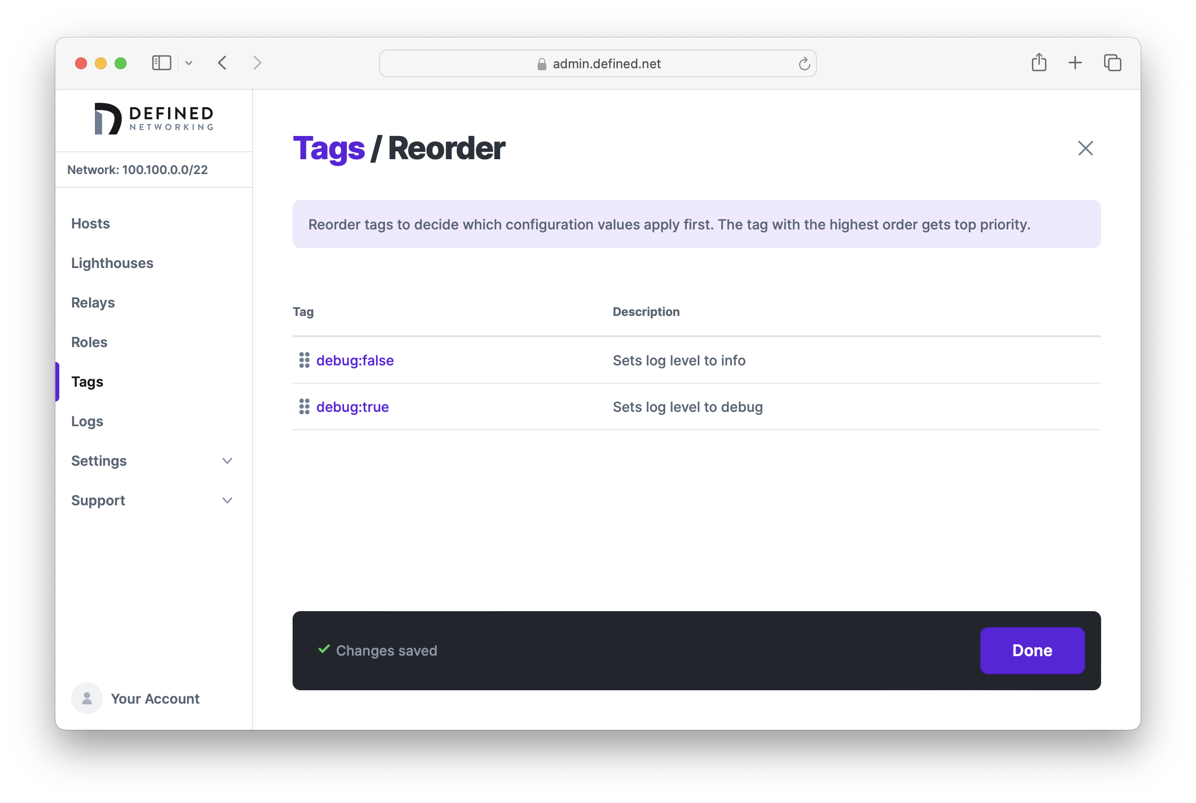 Tag reorder page showing debug:false reordered to be above debug:true