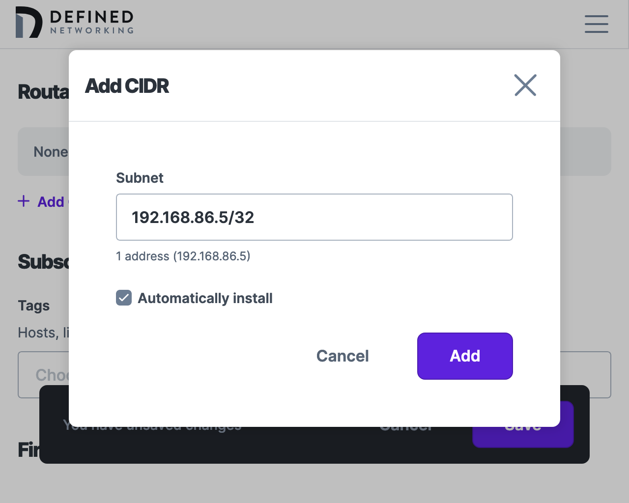 Add Routable CIDR modal demonstrating entry of a /32 CIDR with the checkbox labelled “Automatically install” checked