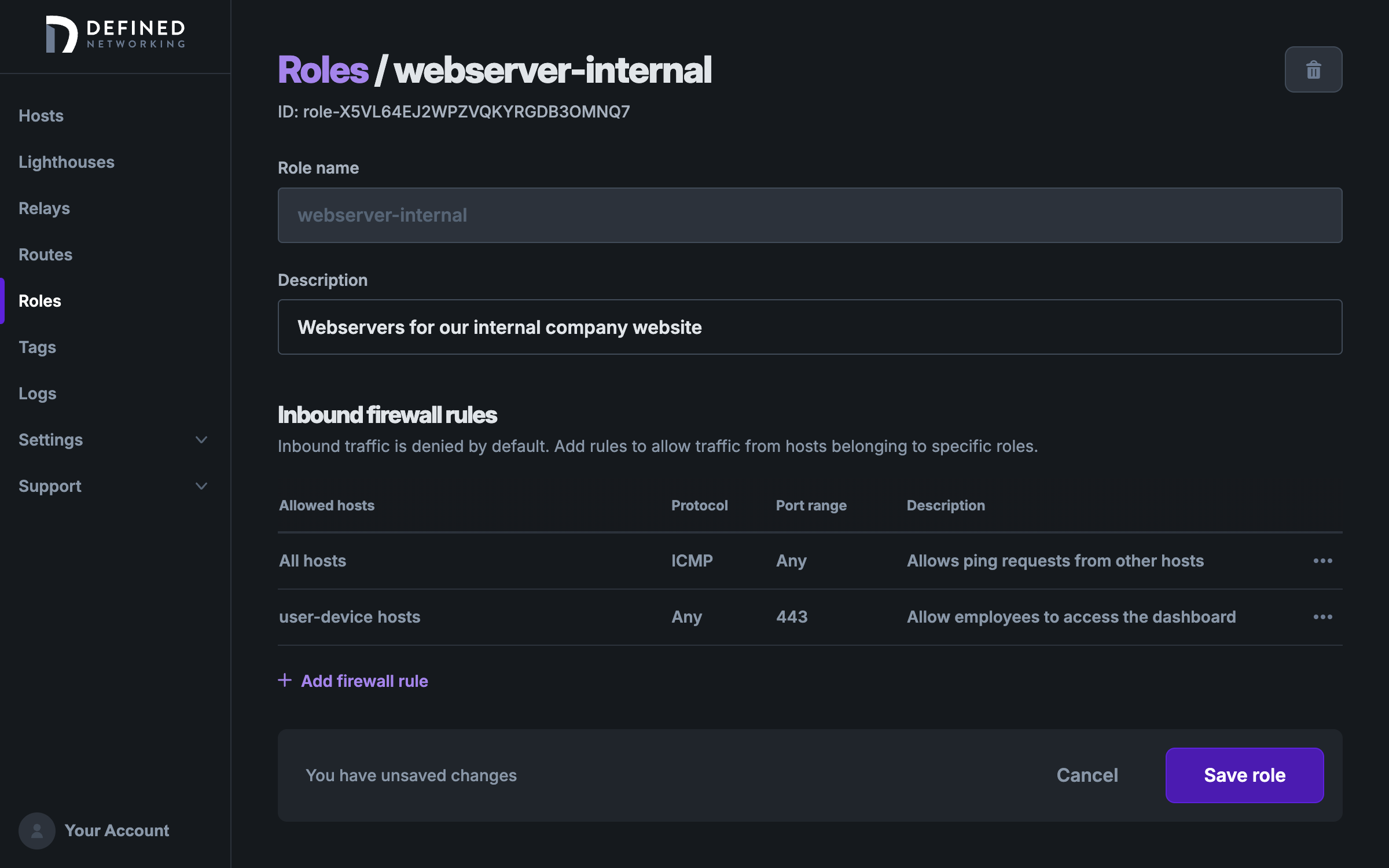 A Role details page with a couple of different firewall rules, and an enabled 'Save role' button that shows that you still need to save.