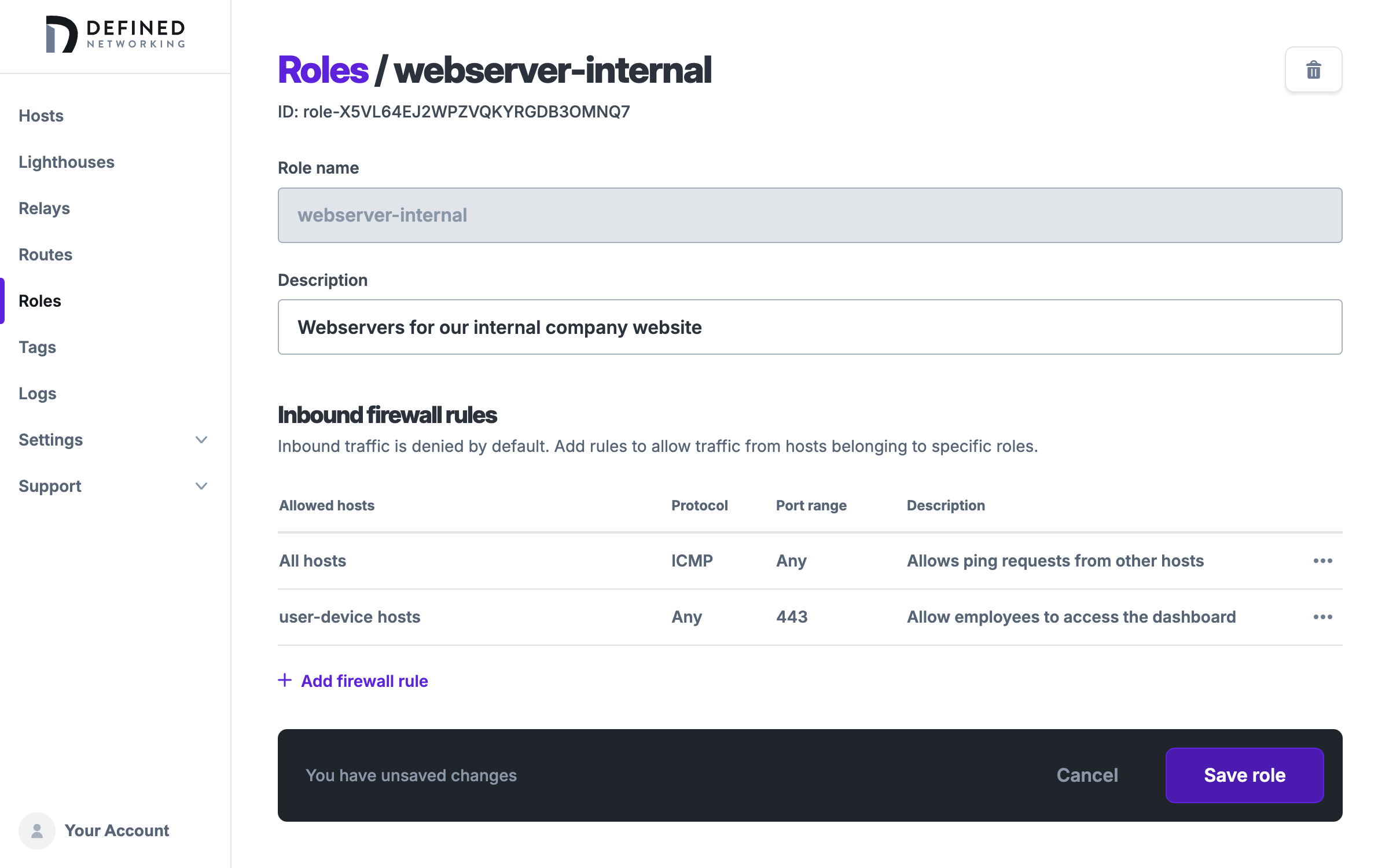 A Role details page with a couple of different firewall rules, and an enabled 'Save role' button that shows that you still need to save.