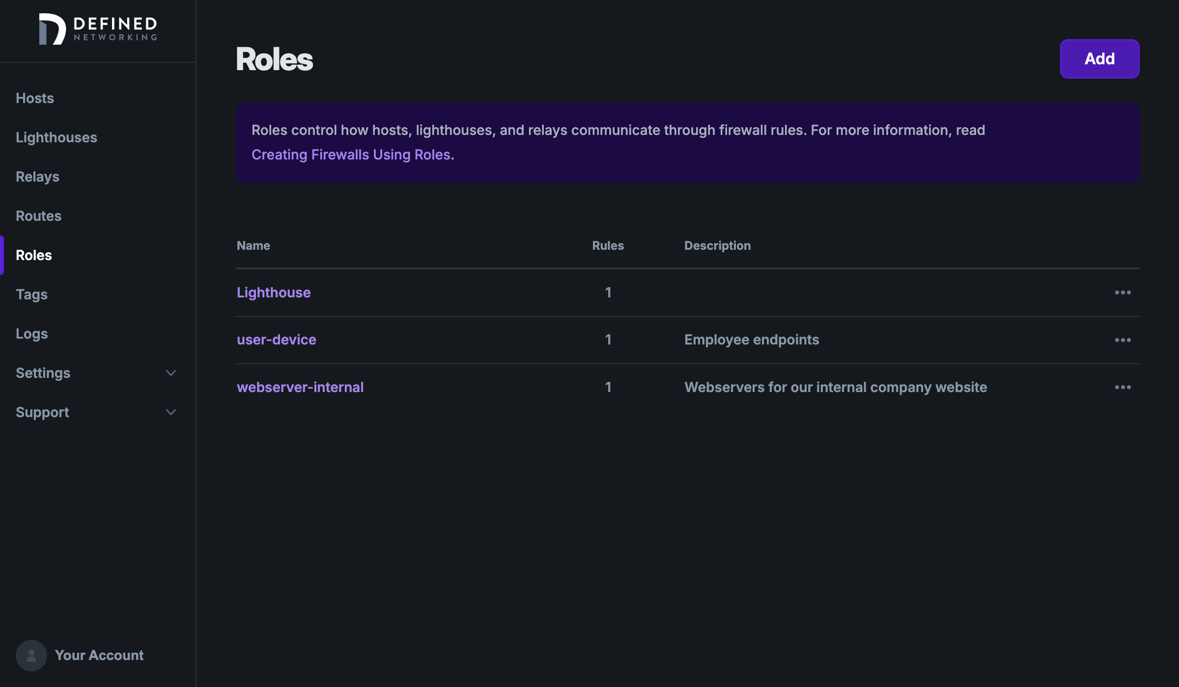 List of roles showing three roles: Lighthouse, user-device, and webserver-internal