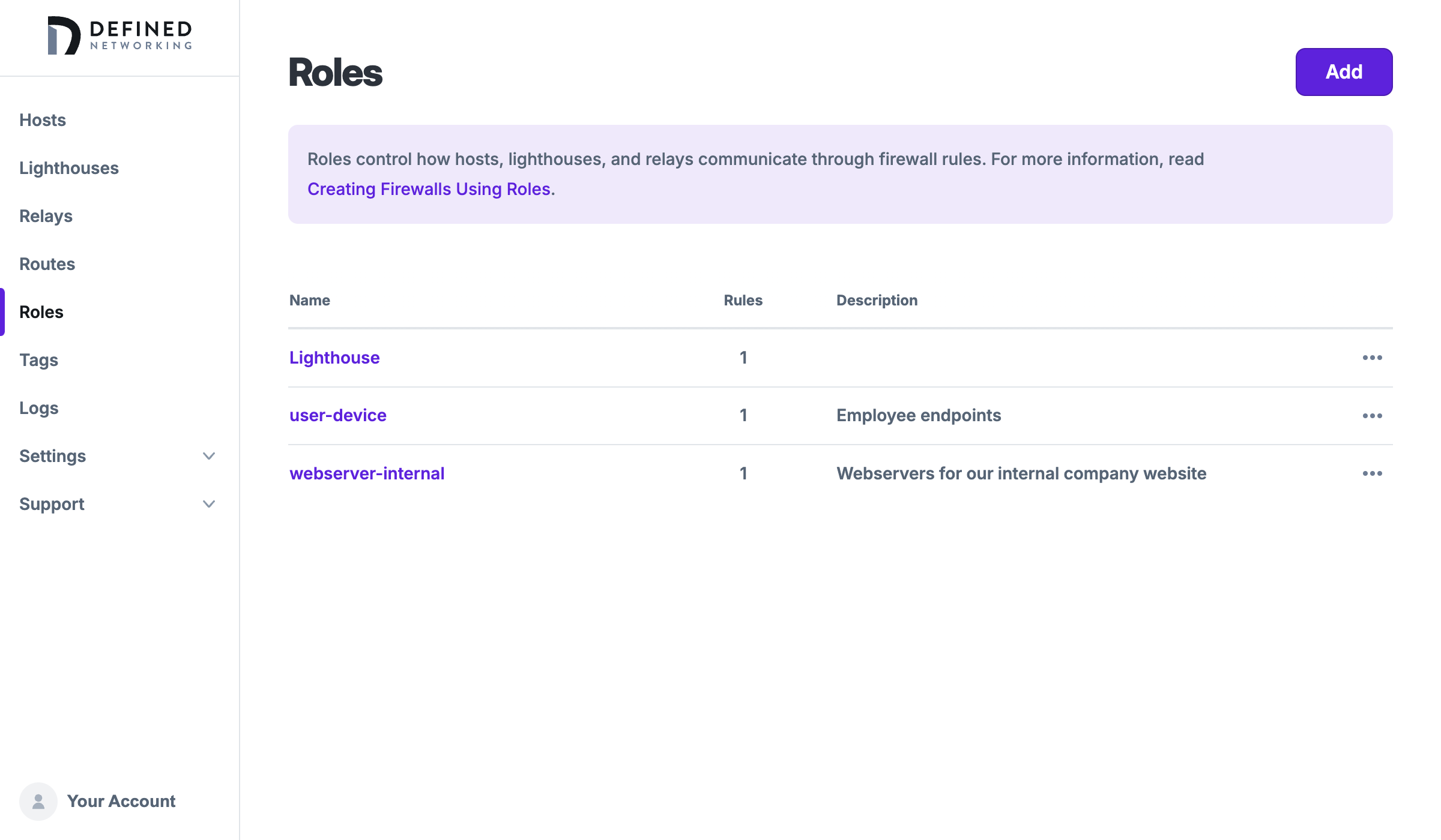 List of roles showing three roles: Lighthouse, user-device, and webserver-internal