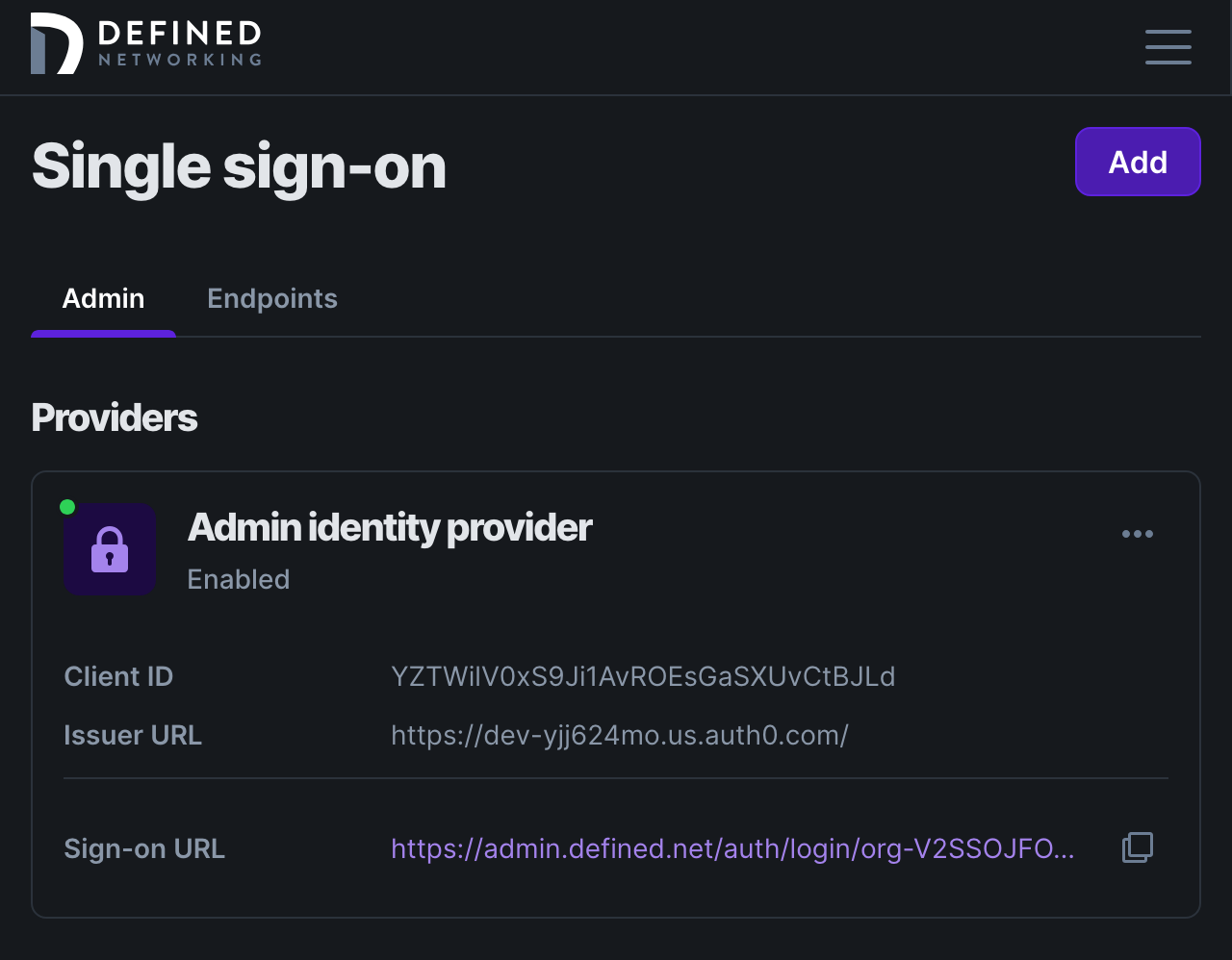 Saved SSO integration that shows a sign-on URL, and a details for a configured identity provider for admins