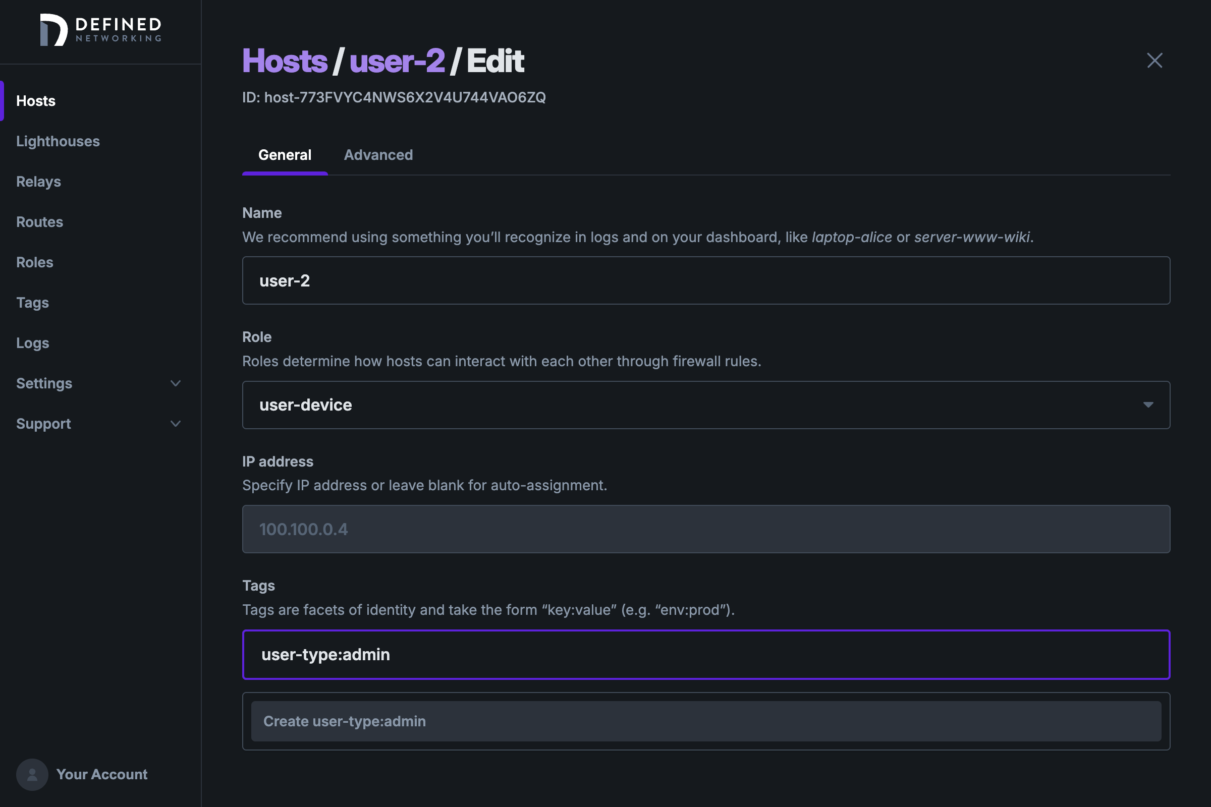 Host edit form with new tag being created.