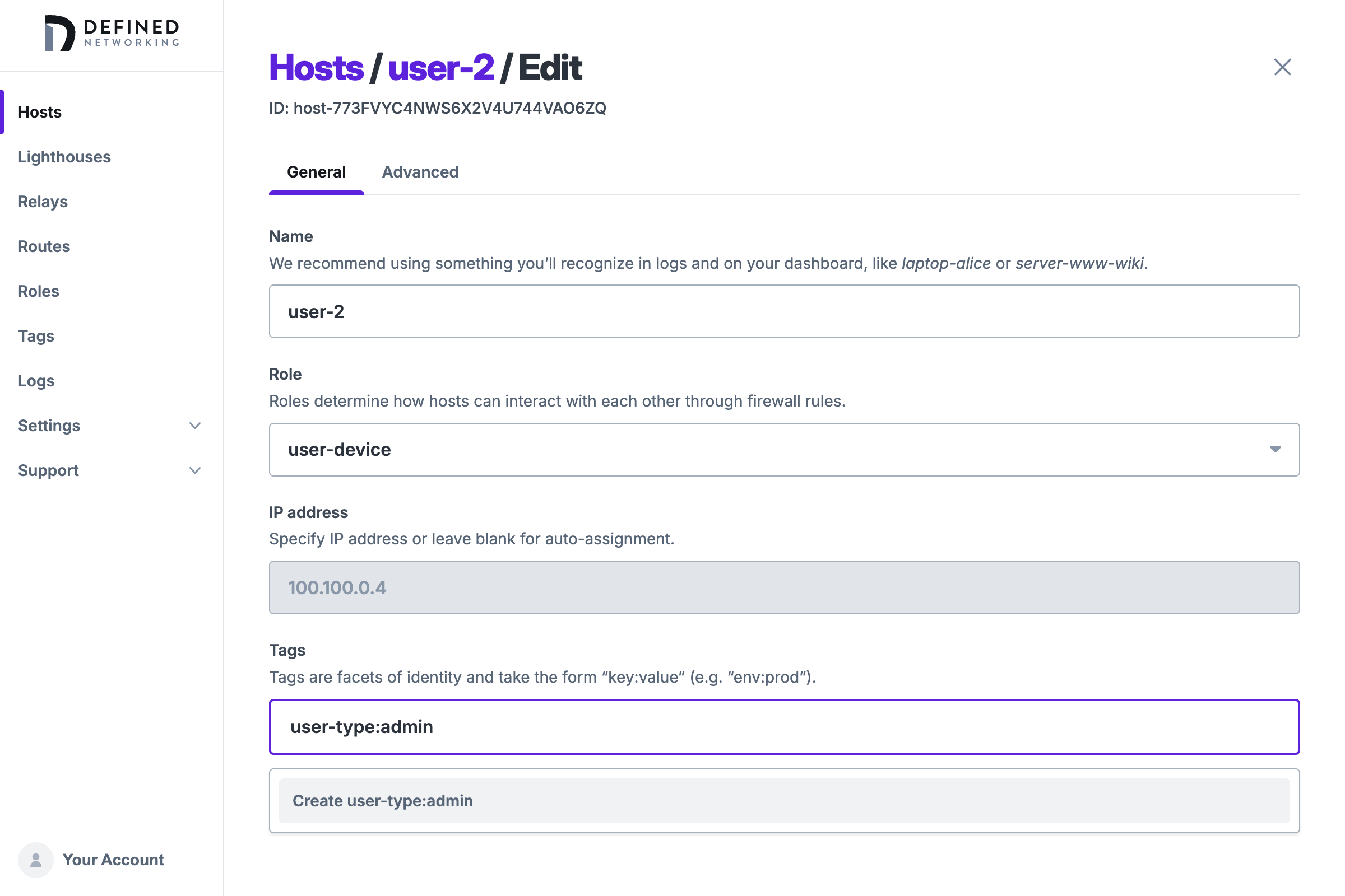 Host edit form with new tag being created.